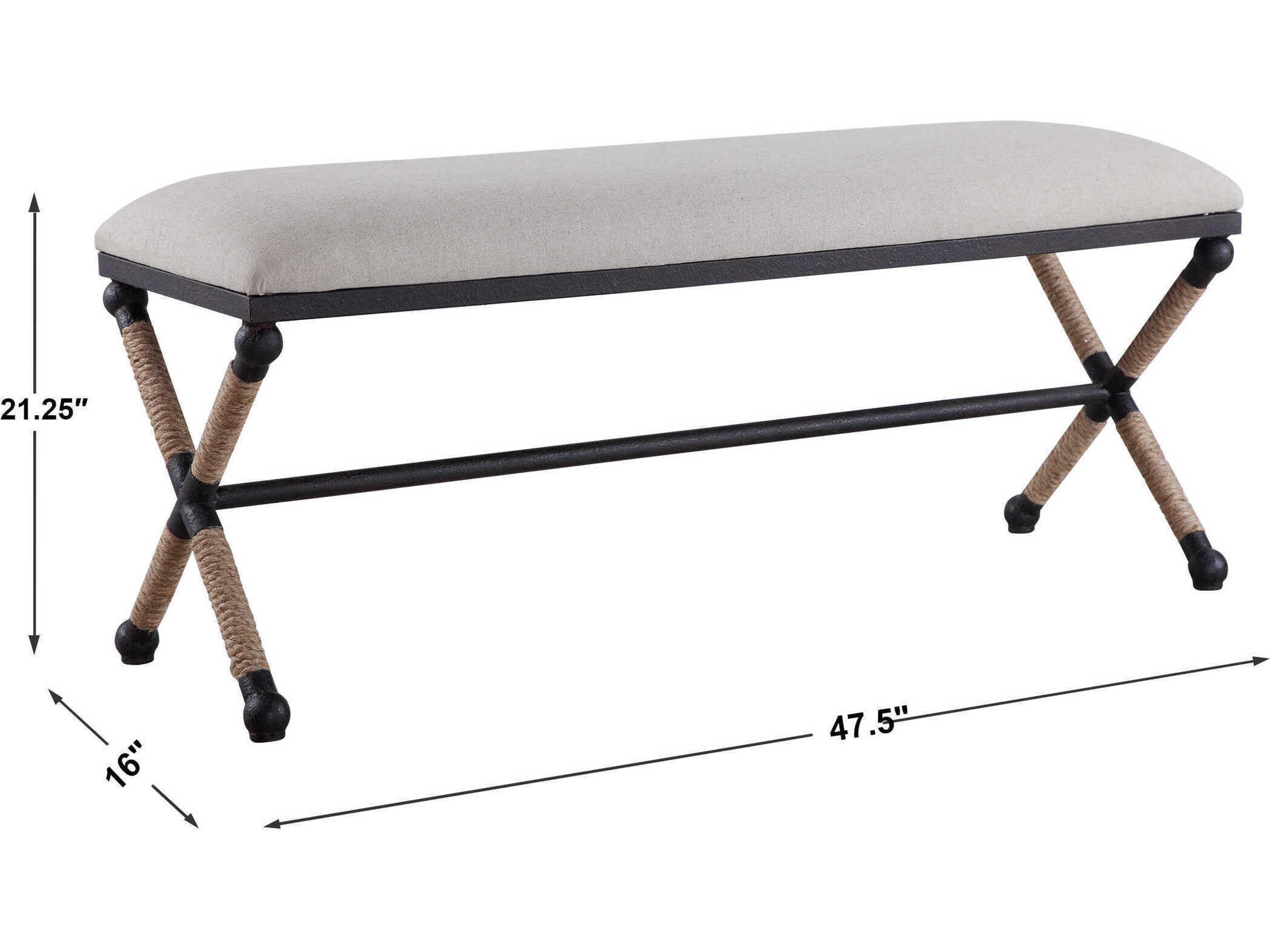 Uttermost Firth Neutral Oatmeal Rustic Iron White Upholstered Accent Bench