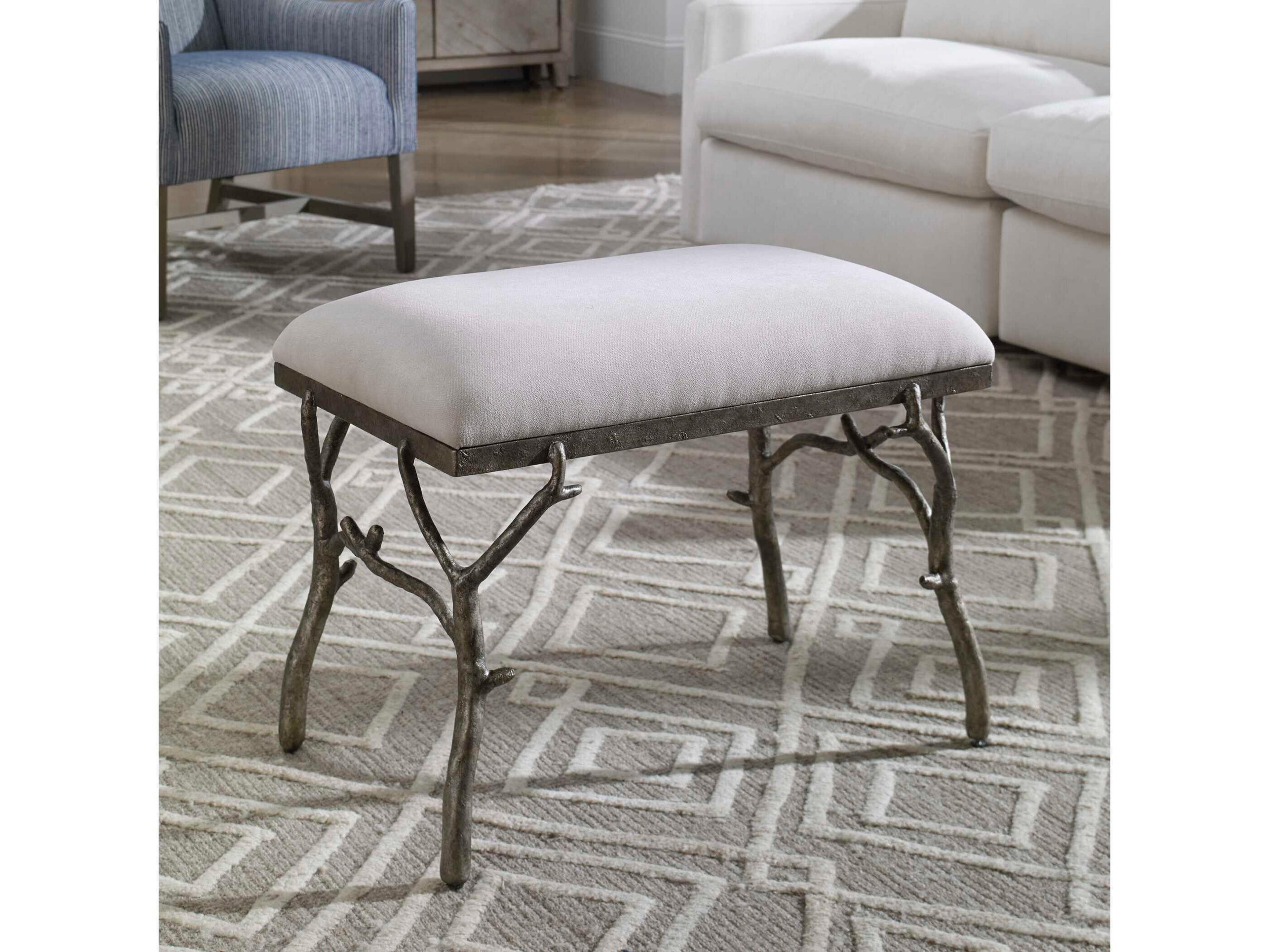 Uttermost Lismore Off White Antique Silver Upholstered Accent Bench