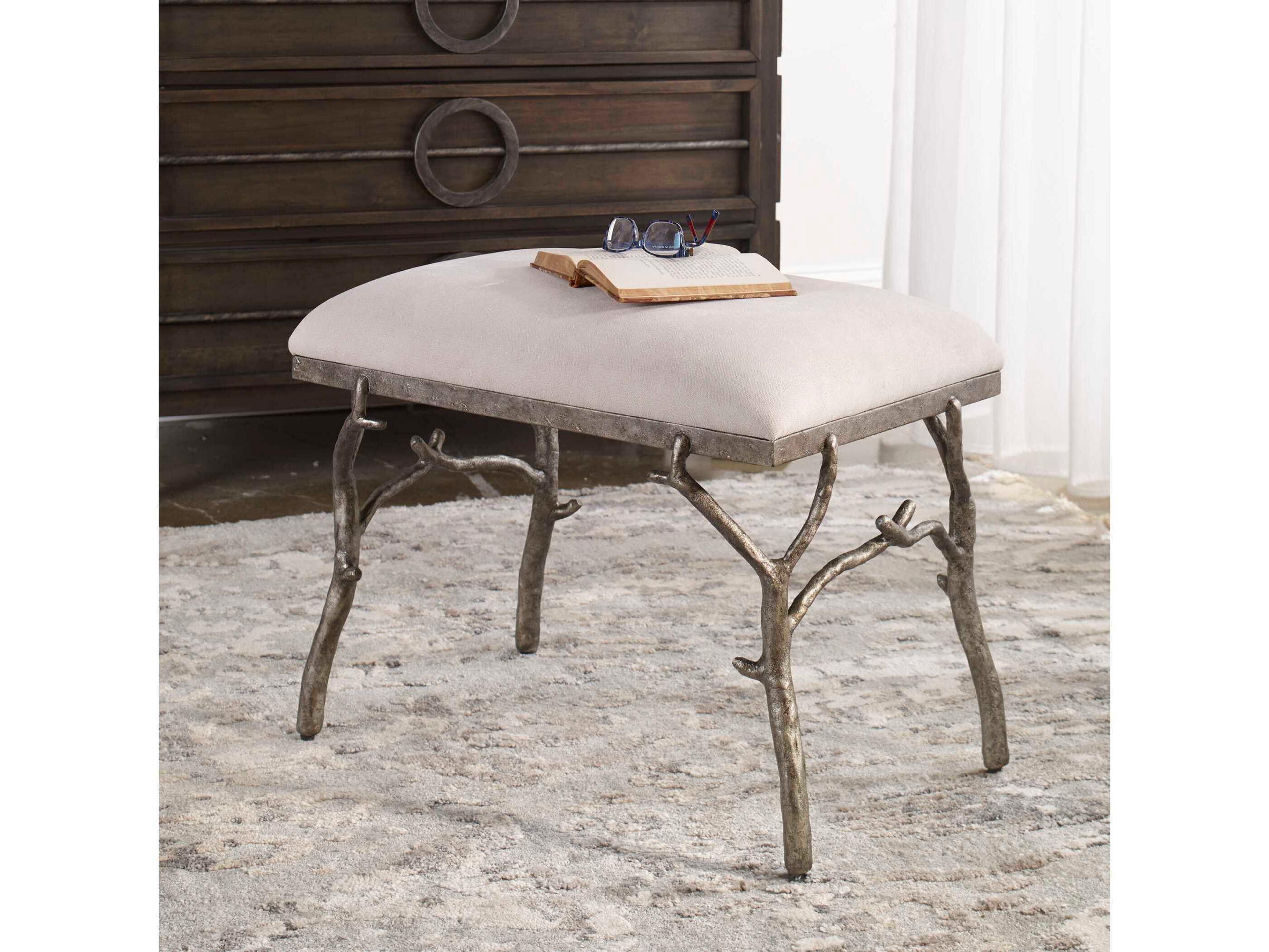 Uttermost Lismore Off White Antique Silver Upholstered Accent Bench