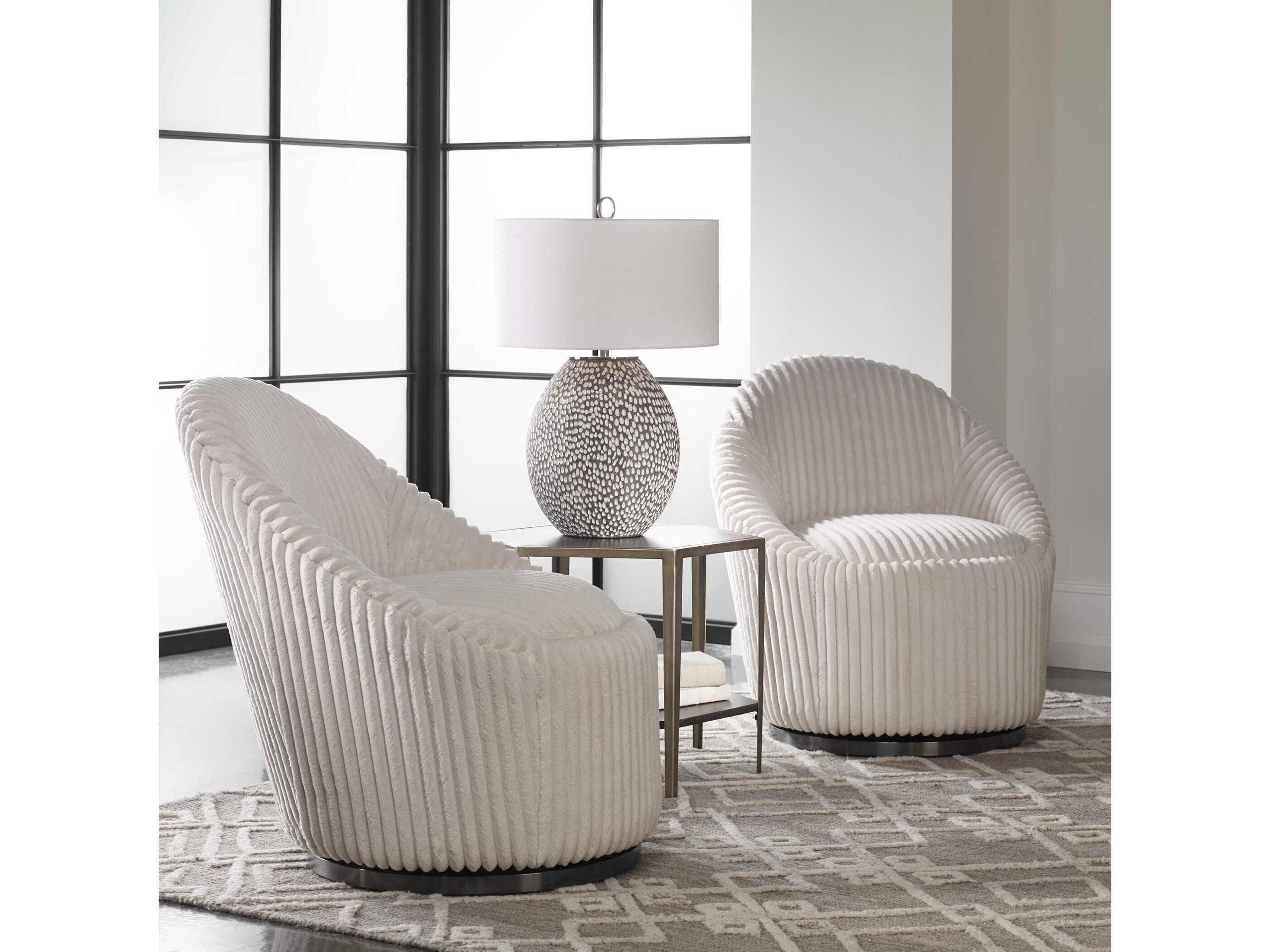 Crue Swivel White Fabric Accent Chair