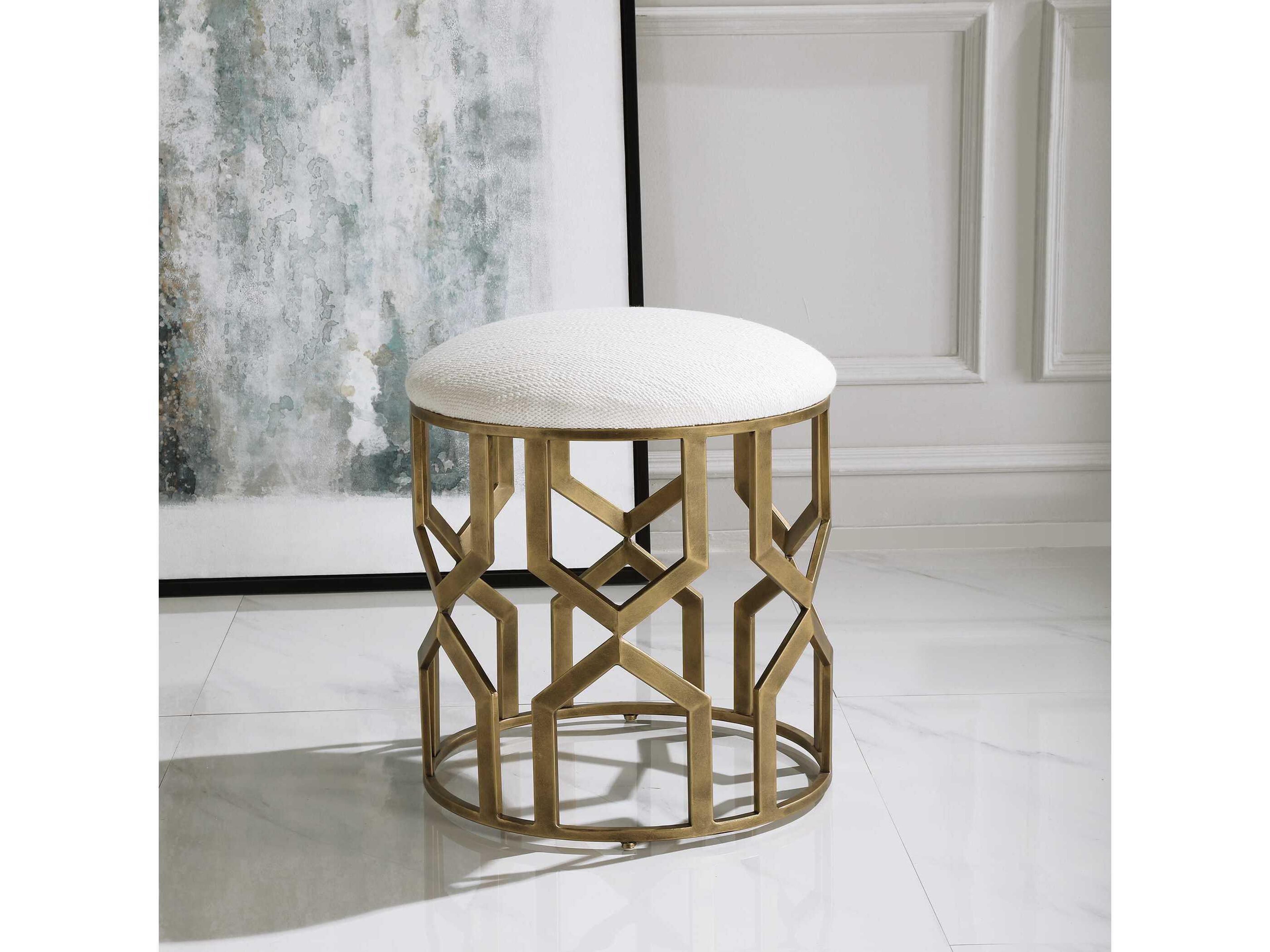 Trellis Crisp White Gold Upholstered Accent Stool