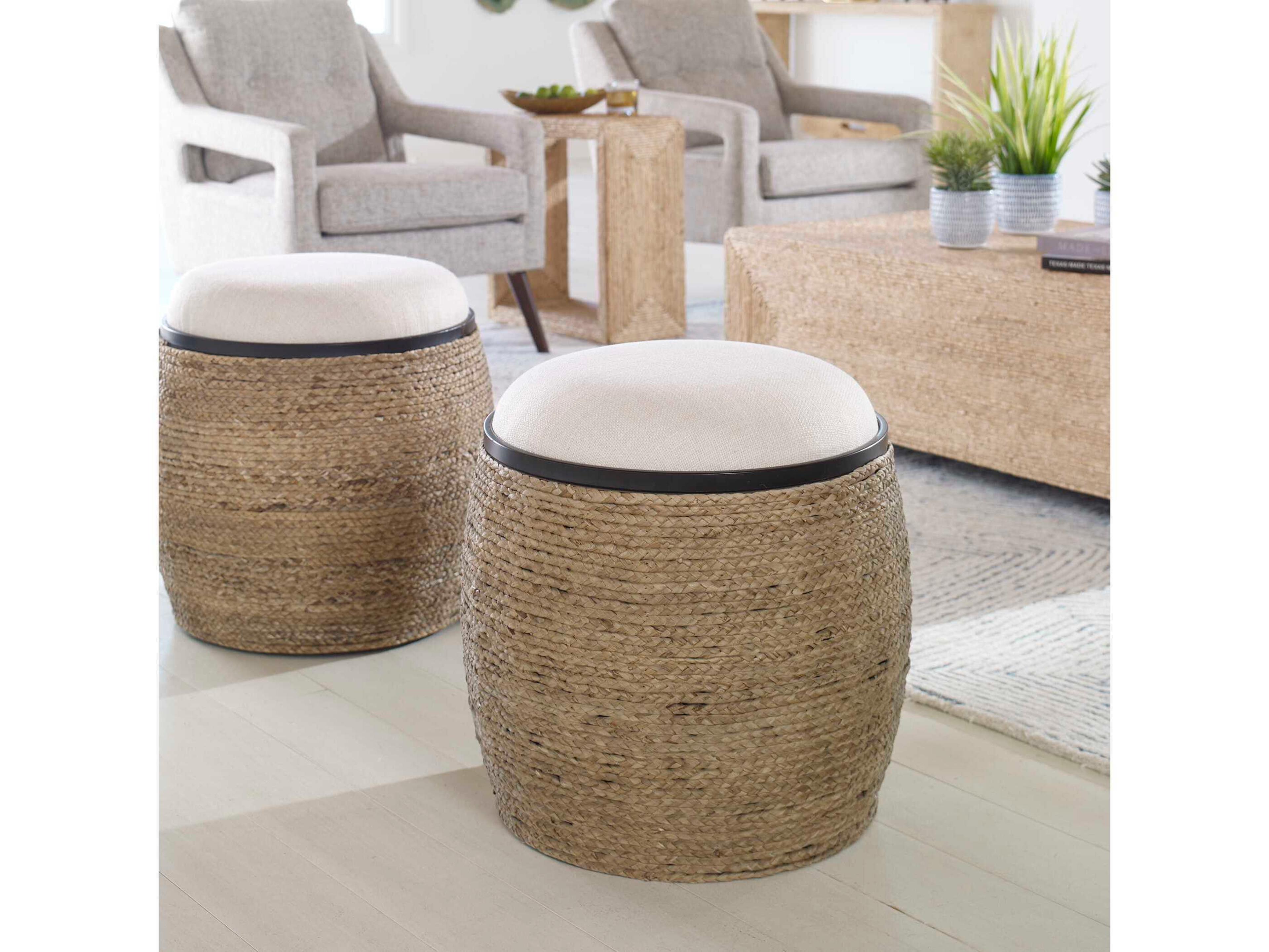 Island Natural Light Beige Brown Upholstered Accent Stool