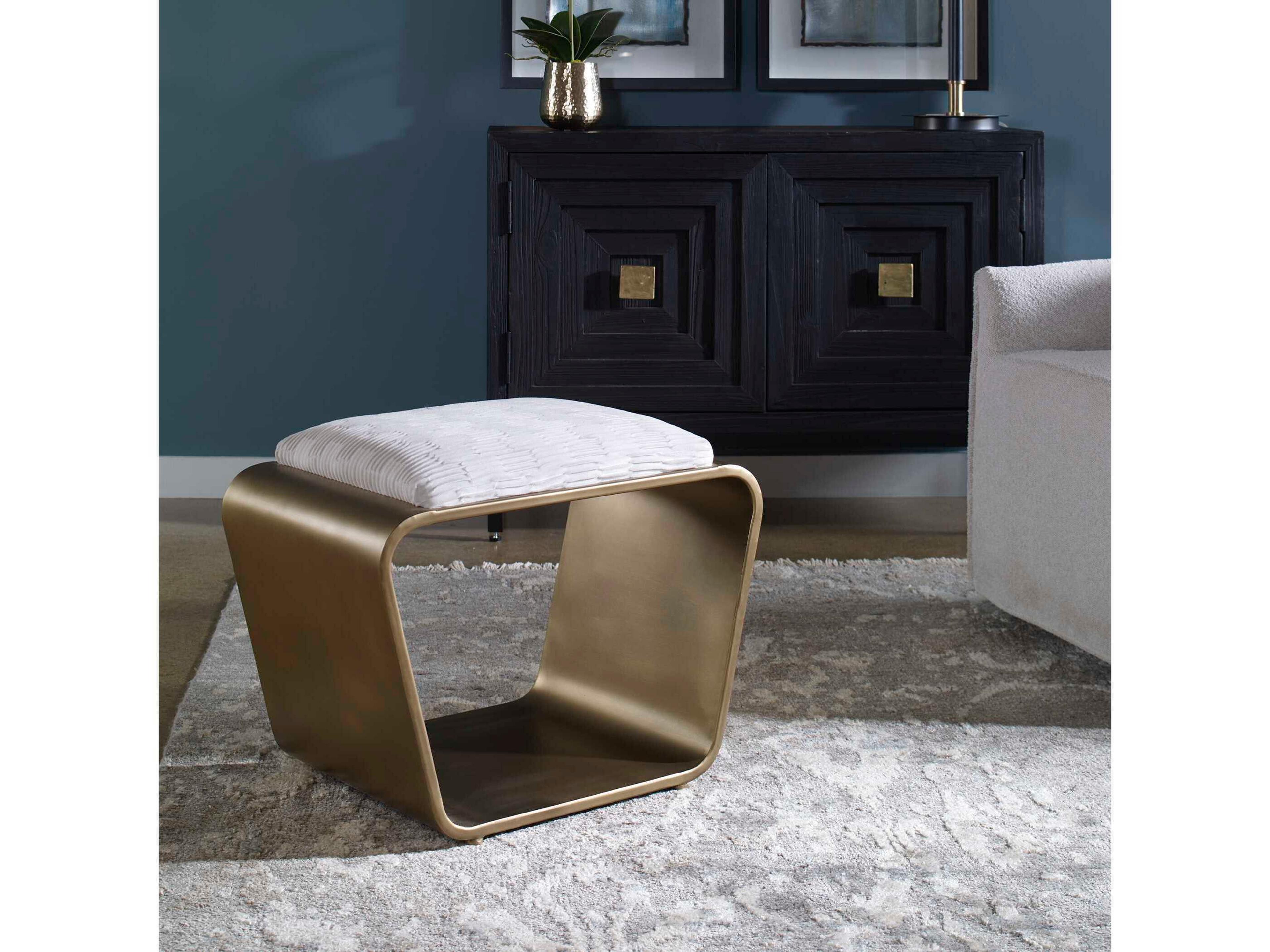 Uttermost Hoop Off White Antique Gold Upholstered Accent Bench