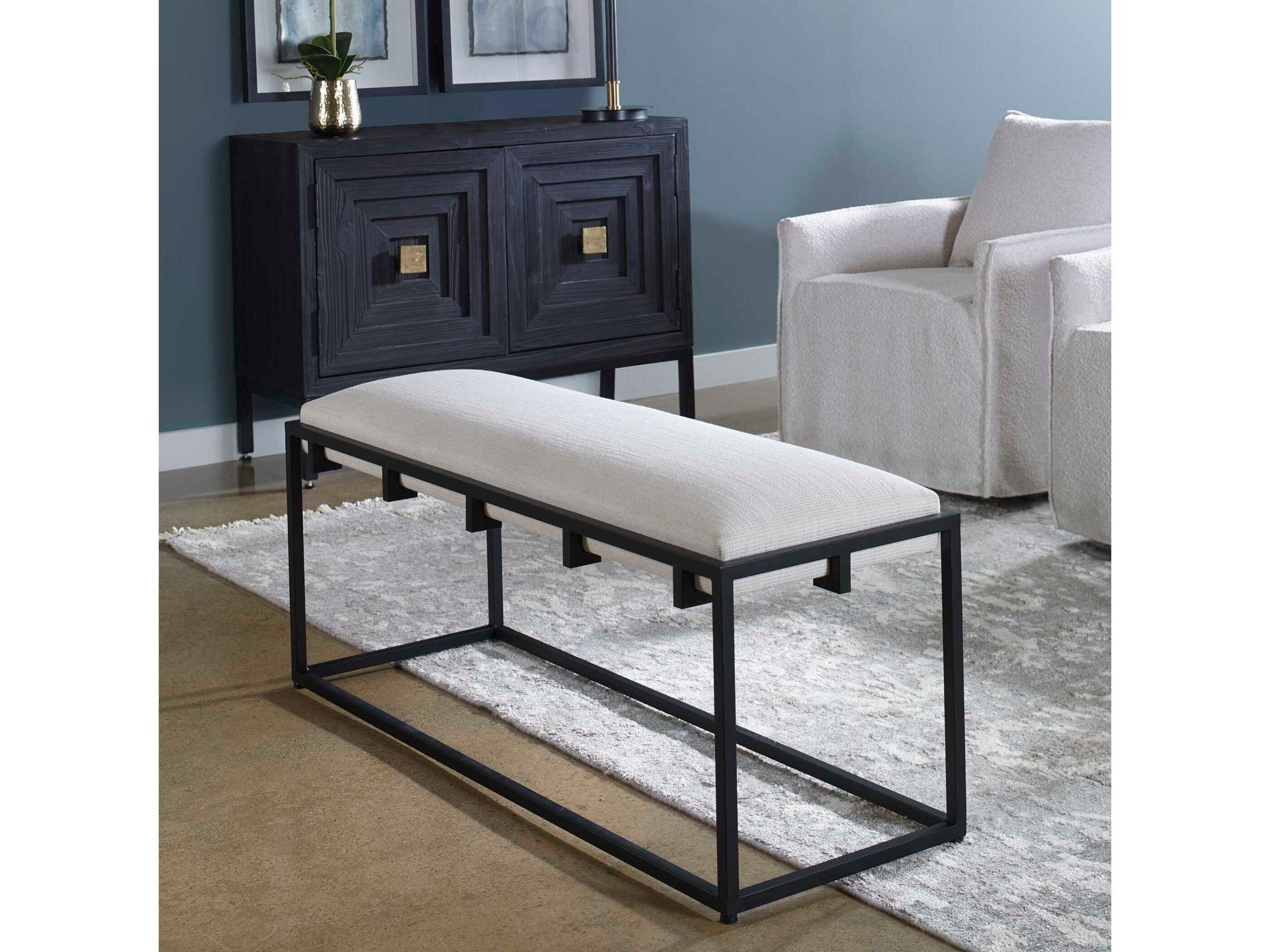 Uttermost Paradox White Waffle Matte Black Upholstered Accent Bench