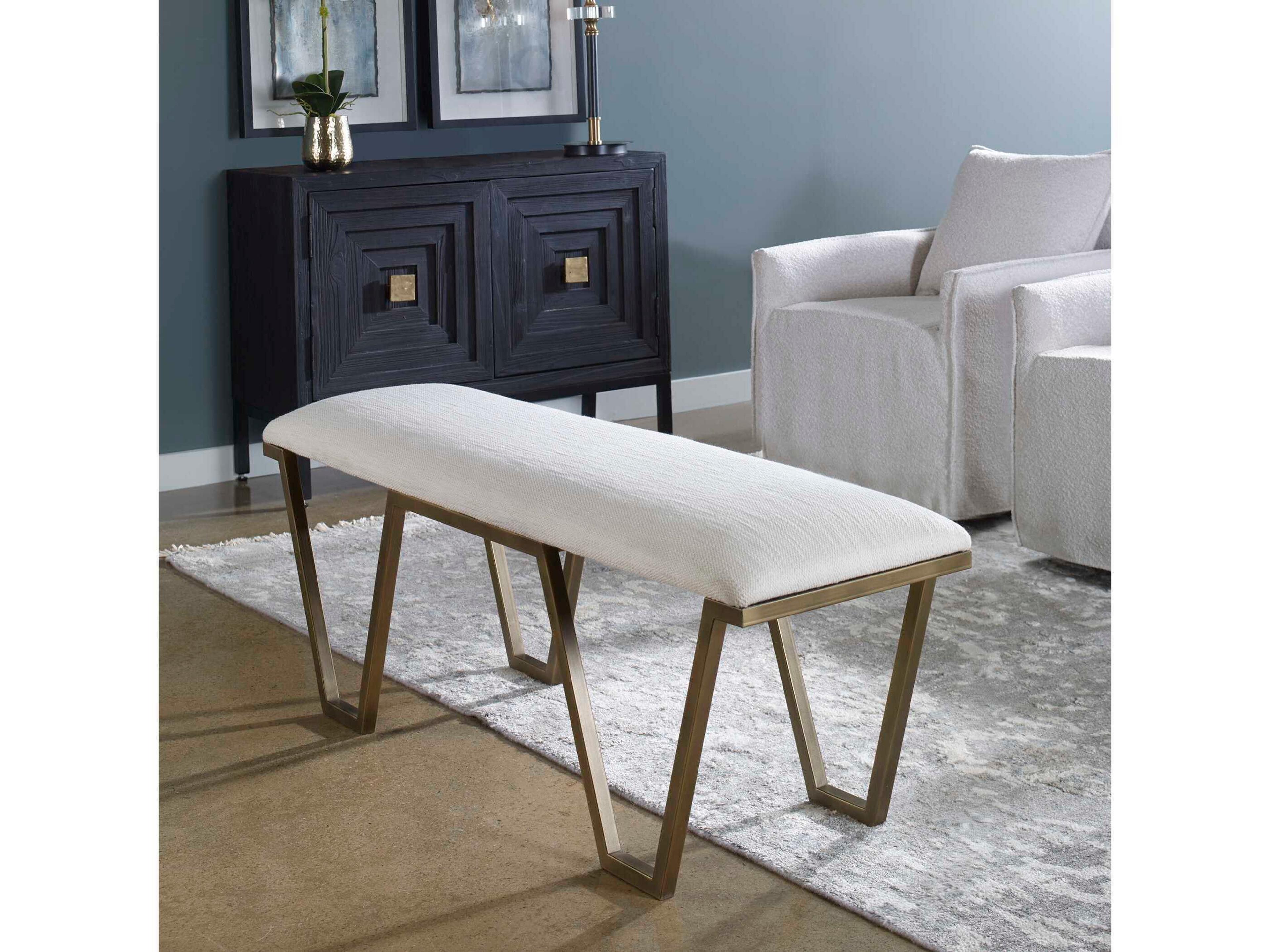 Uttermost Farrah White Antique Gold Leaf Upholstered Accent Bench
