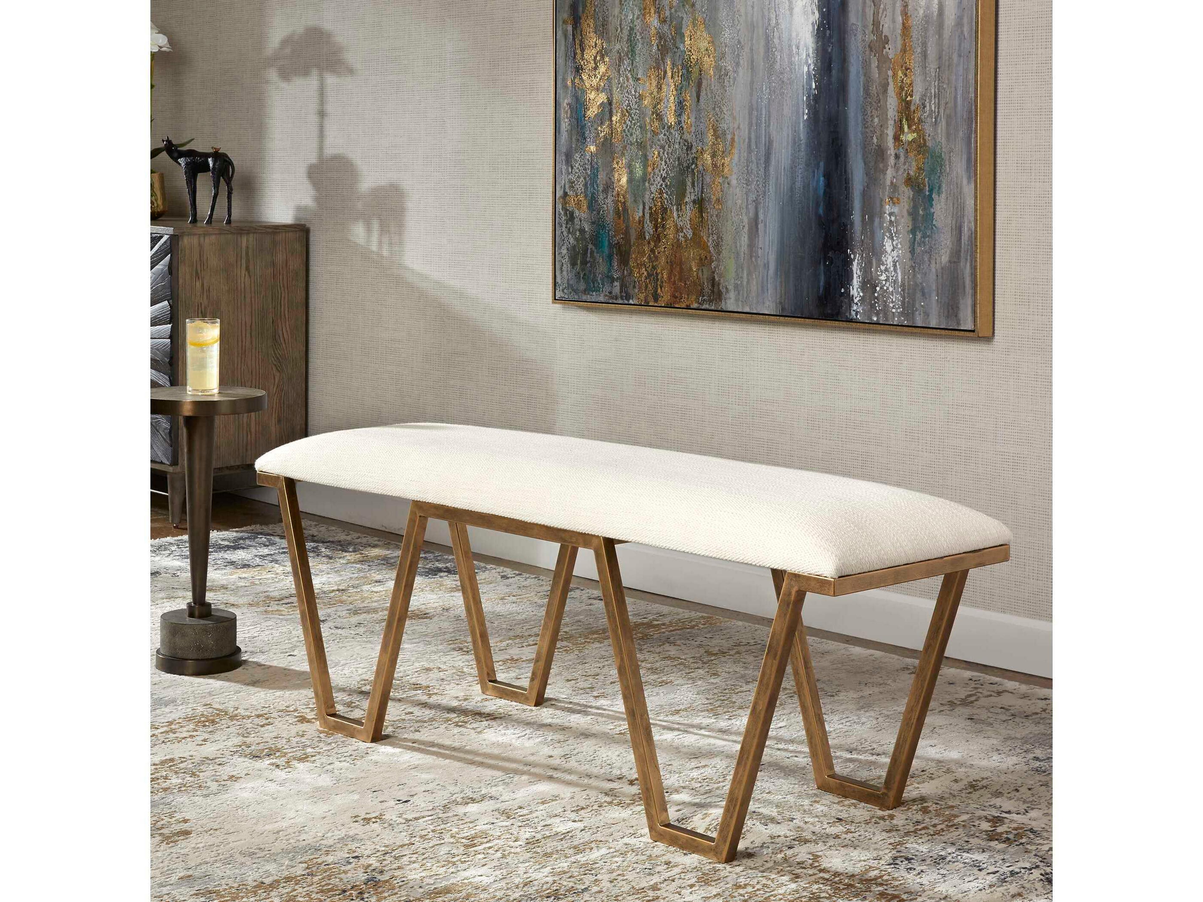 Uttermost Farrah White Antique Gold Leaf Upholstered Accent Bench