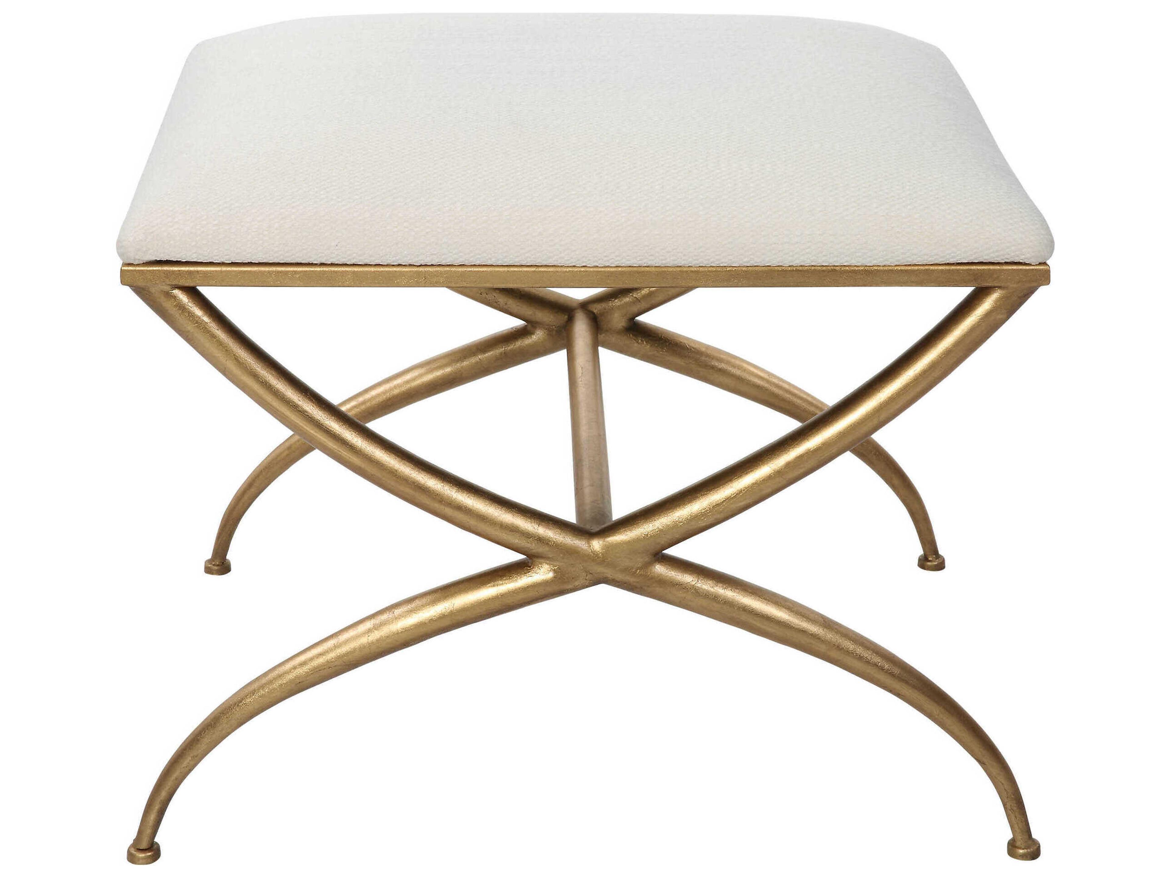 Uttermost Crossing White Gold Leaf Upholstered Accent Bench
