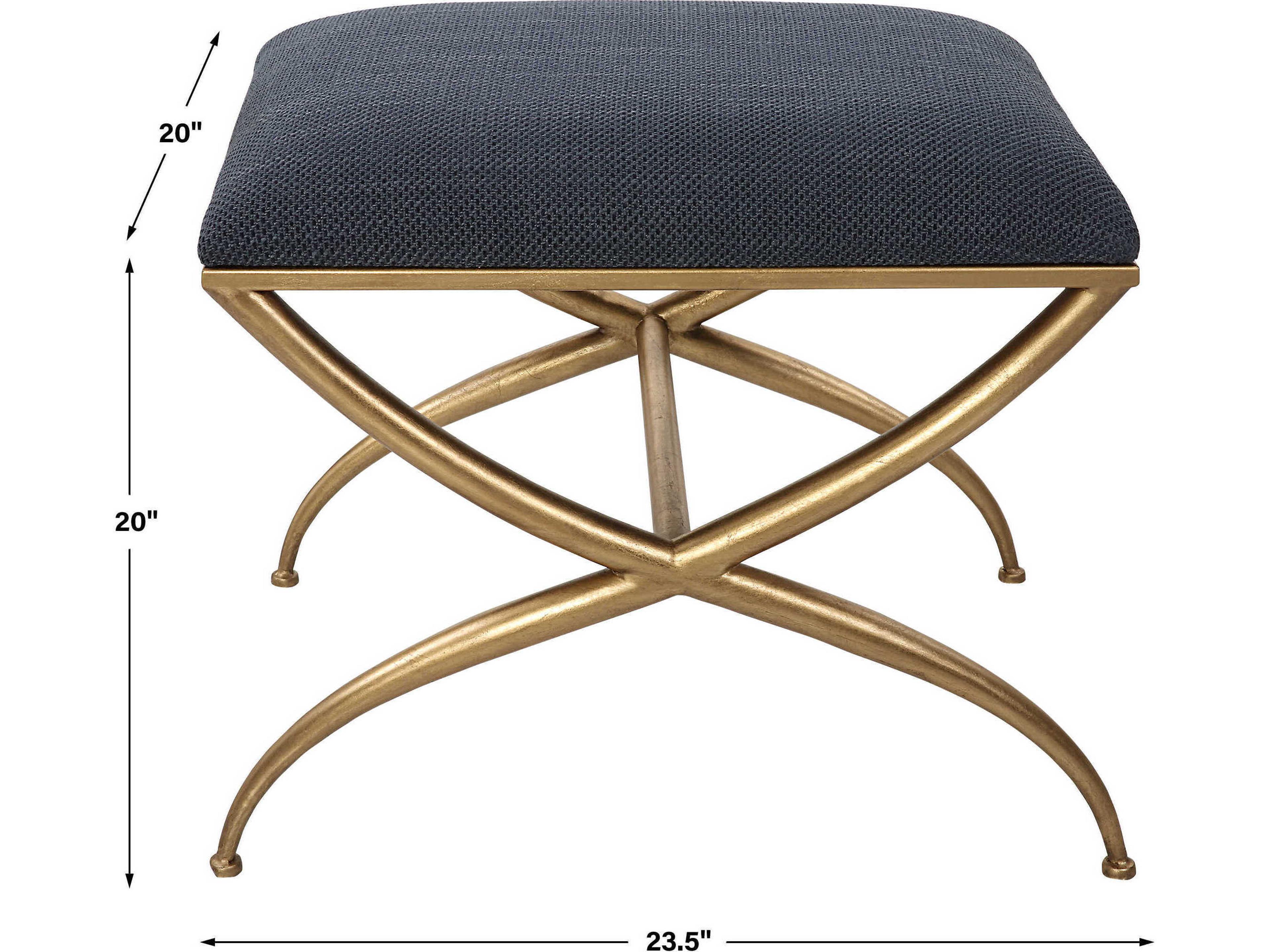 Crossing Navy Blue Gold Leaf Upholstered Accent Bench