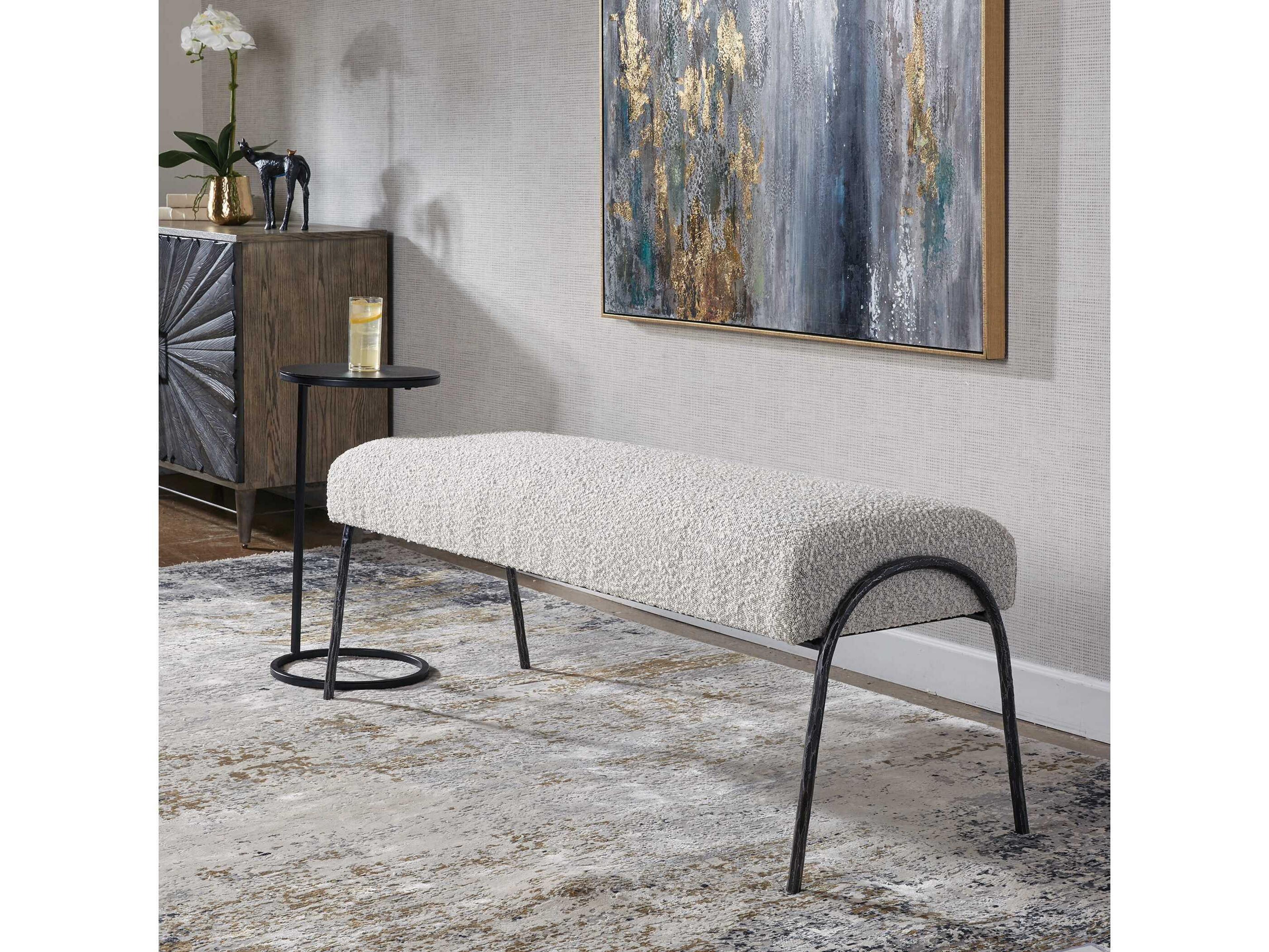 Jacobsen Ivory And Warm Gray Aged Black White Upholstered Accent Bench