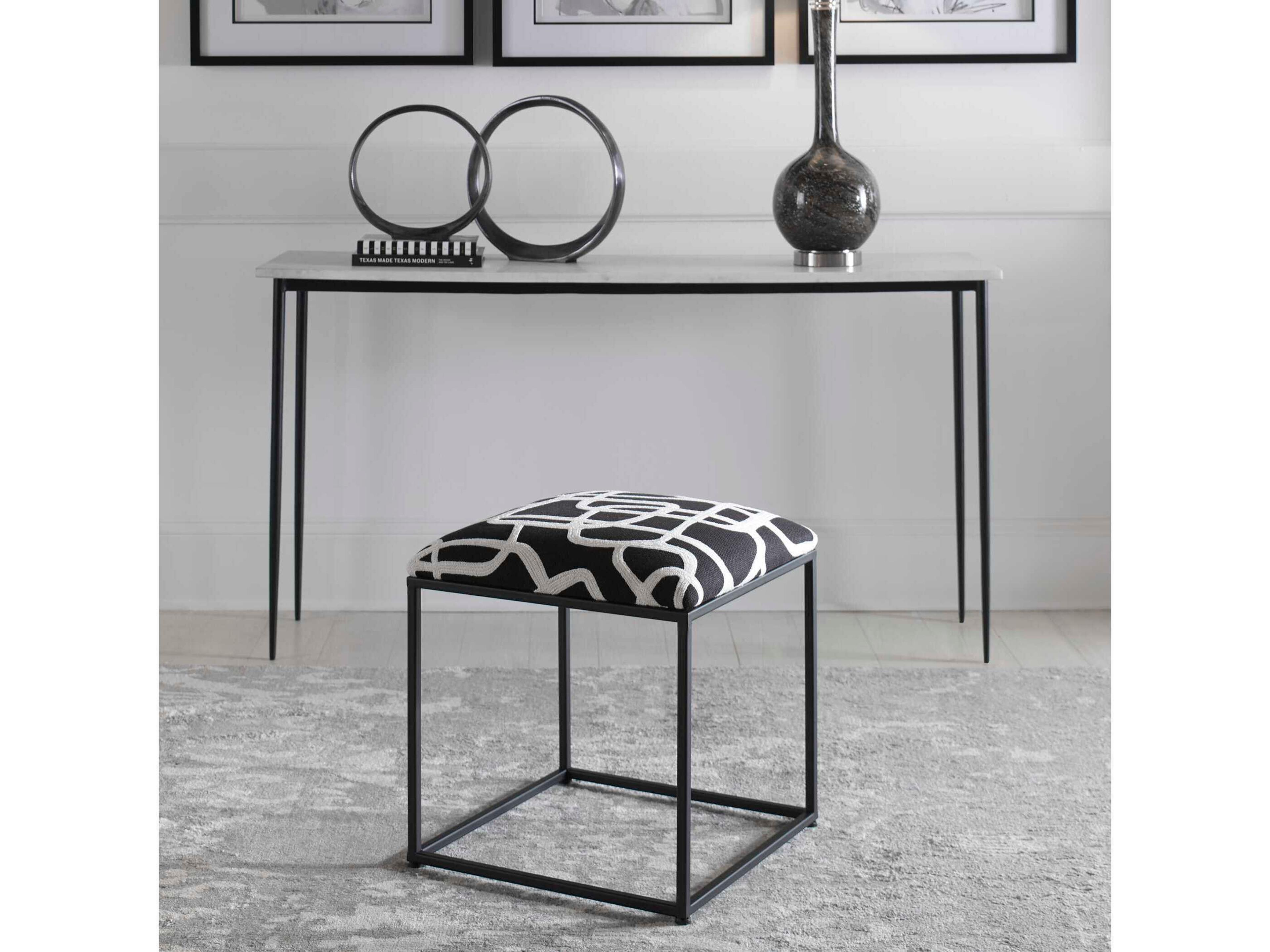 Uttermost Twists And Turns Black White Embroidered Matte Upholstered Accent Stool