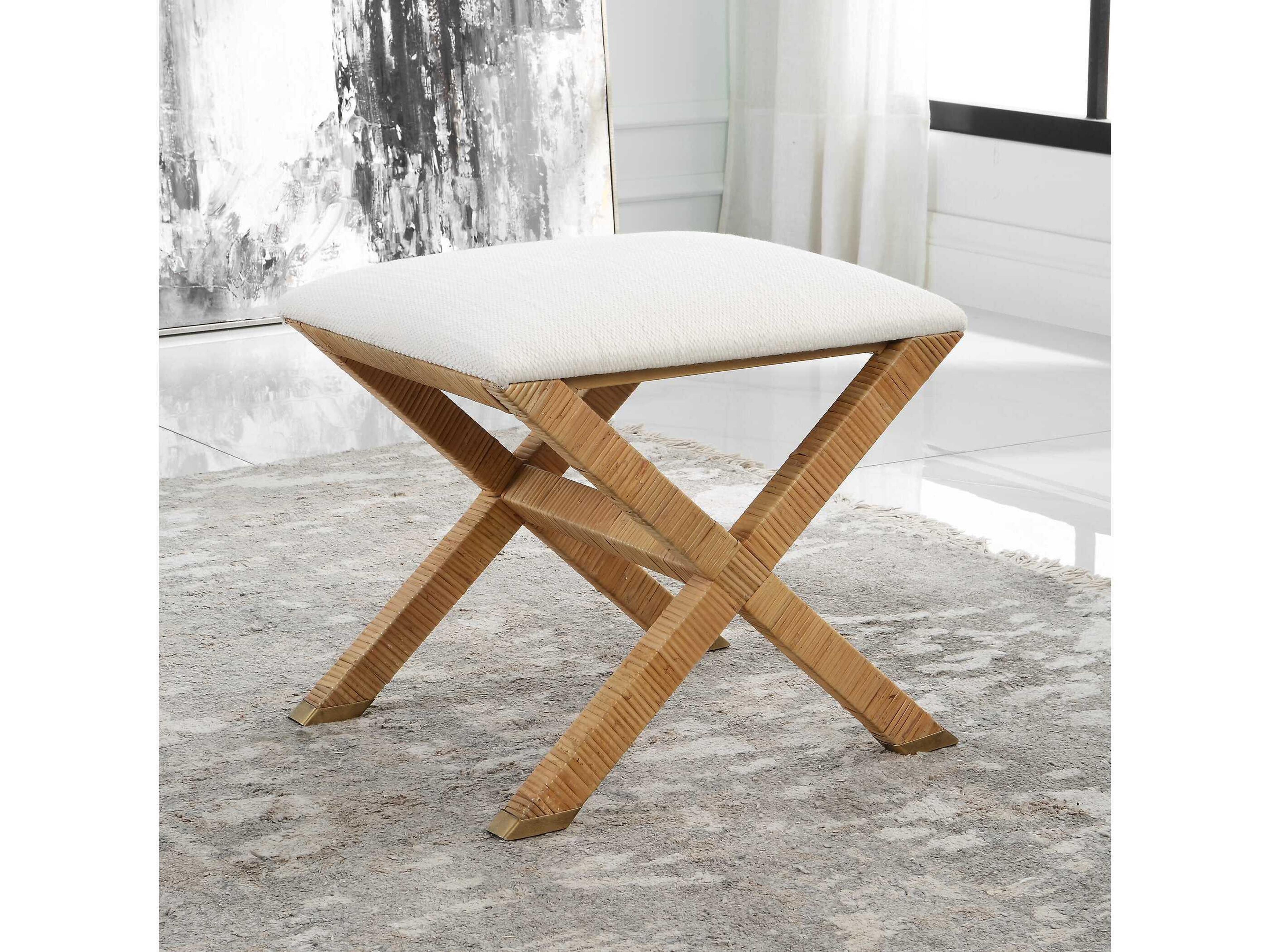 Uttermost White Natural Brown Upholstered Accent Stool