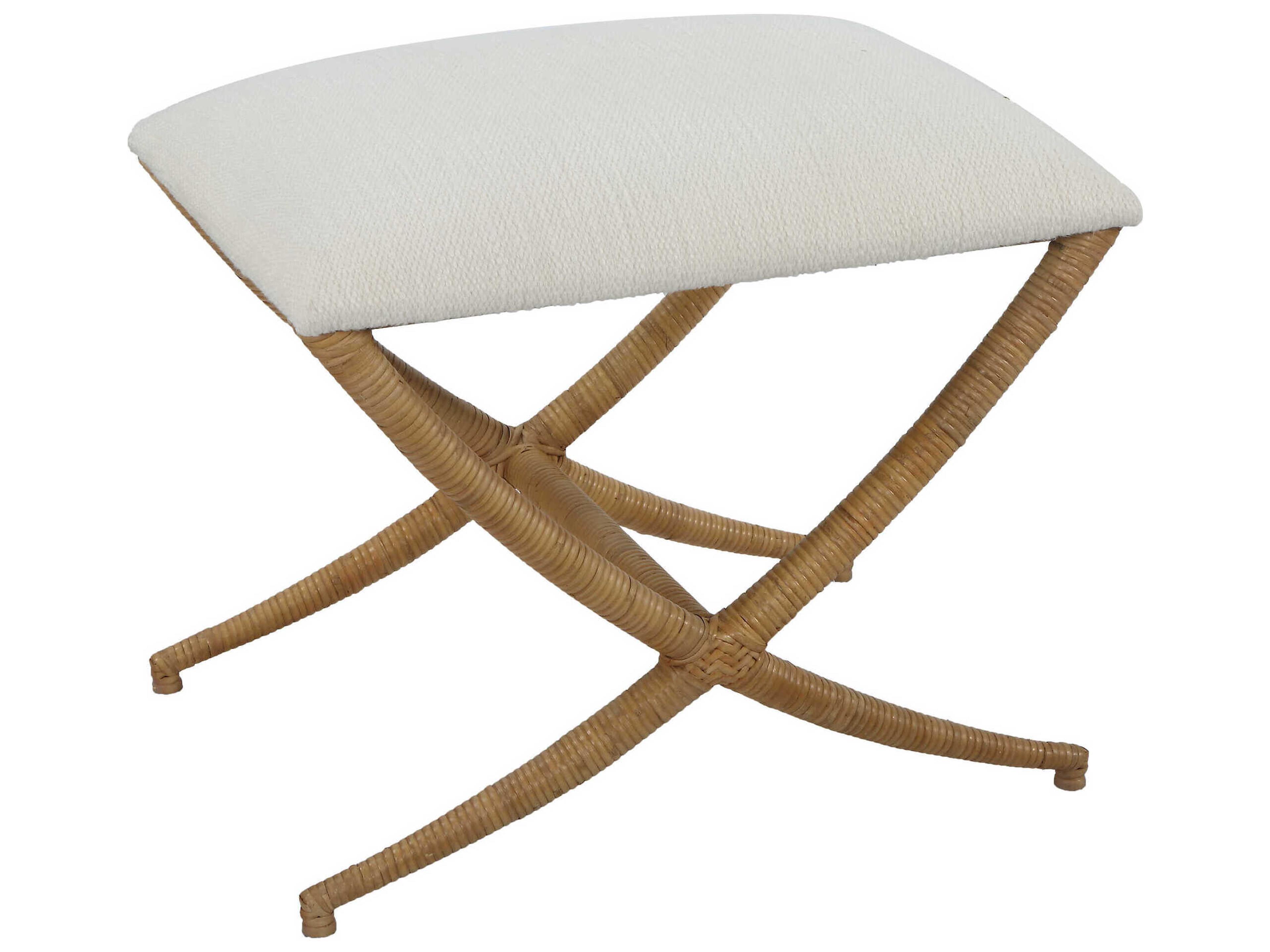 Crisp White Natural Brown Upholstered Accent Stool