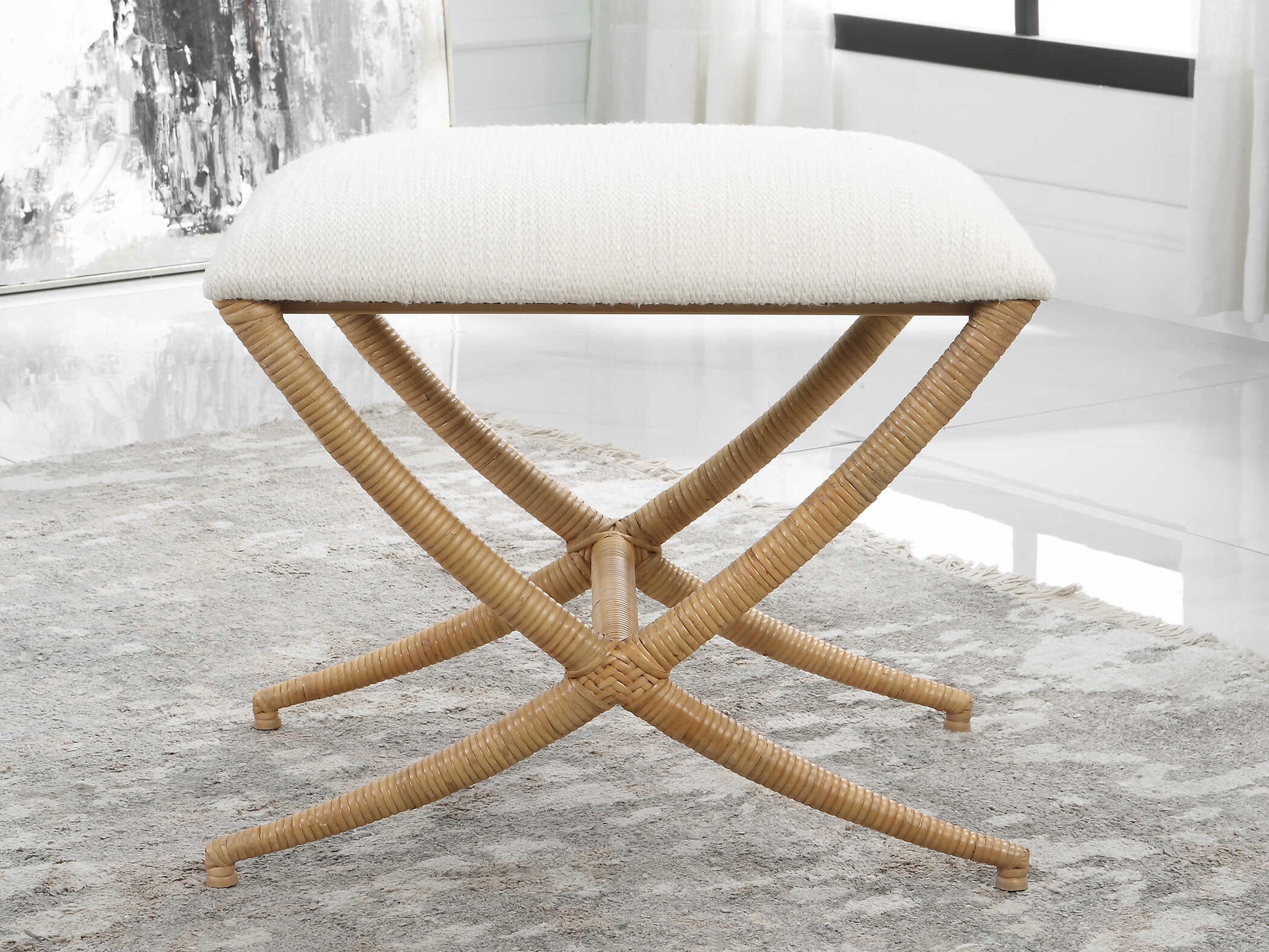 Uttermost Crisp White Natural Brown Upholstered Accent Stool