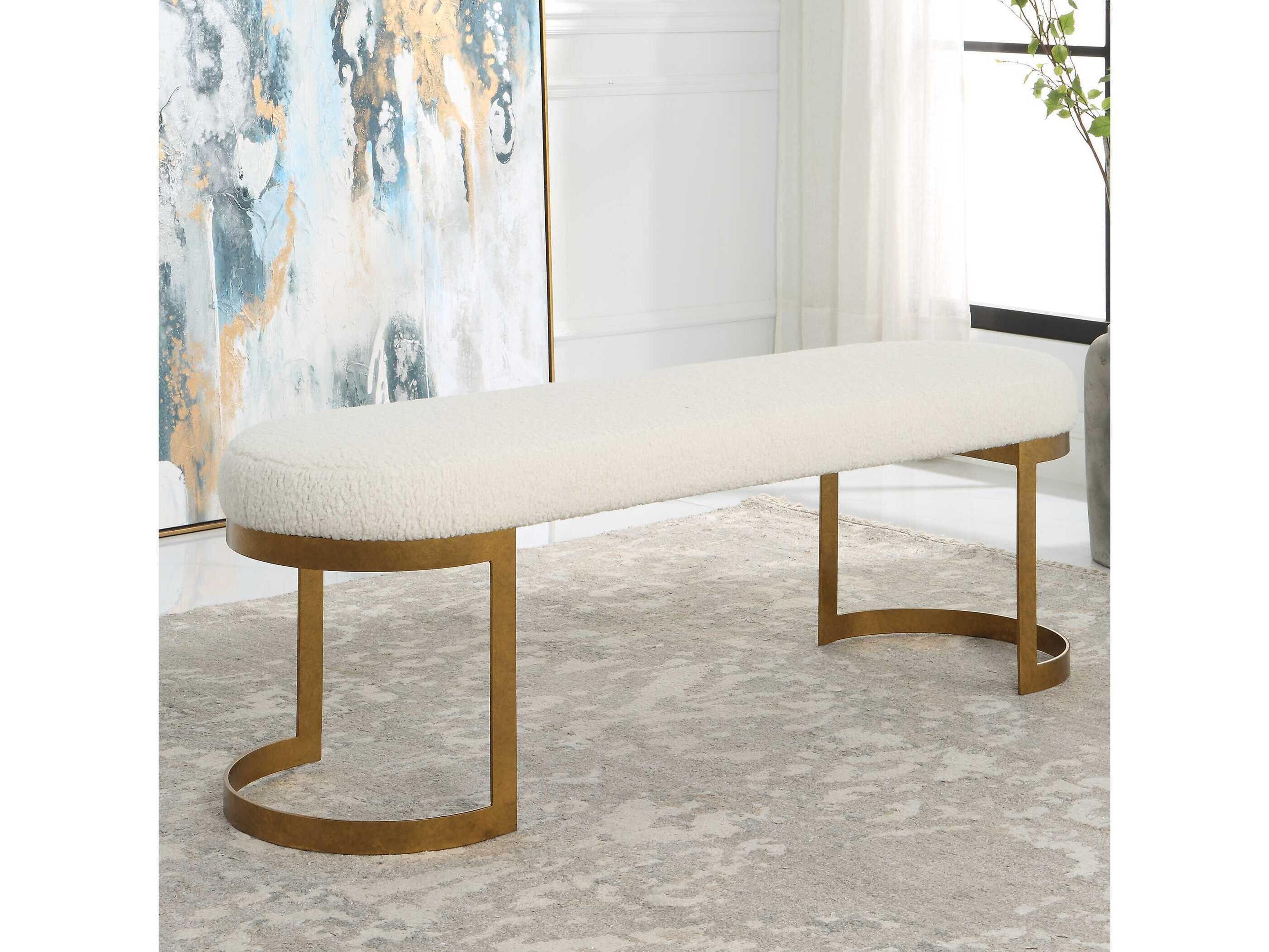 Uttermost Natural Antique Gold Leaf White Upholstered Accent Bench