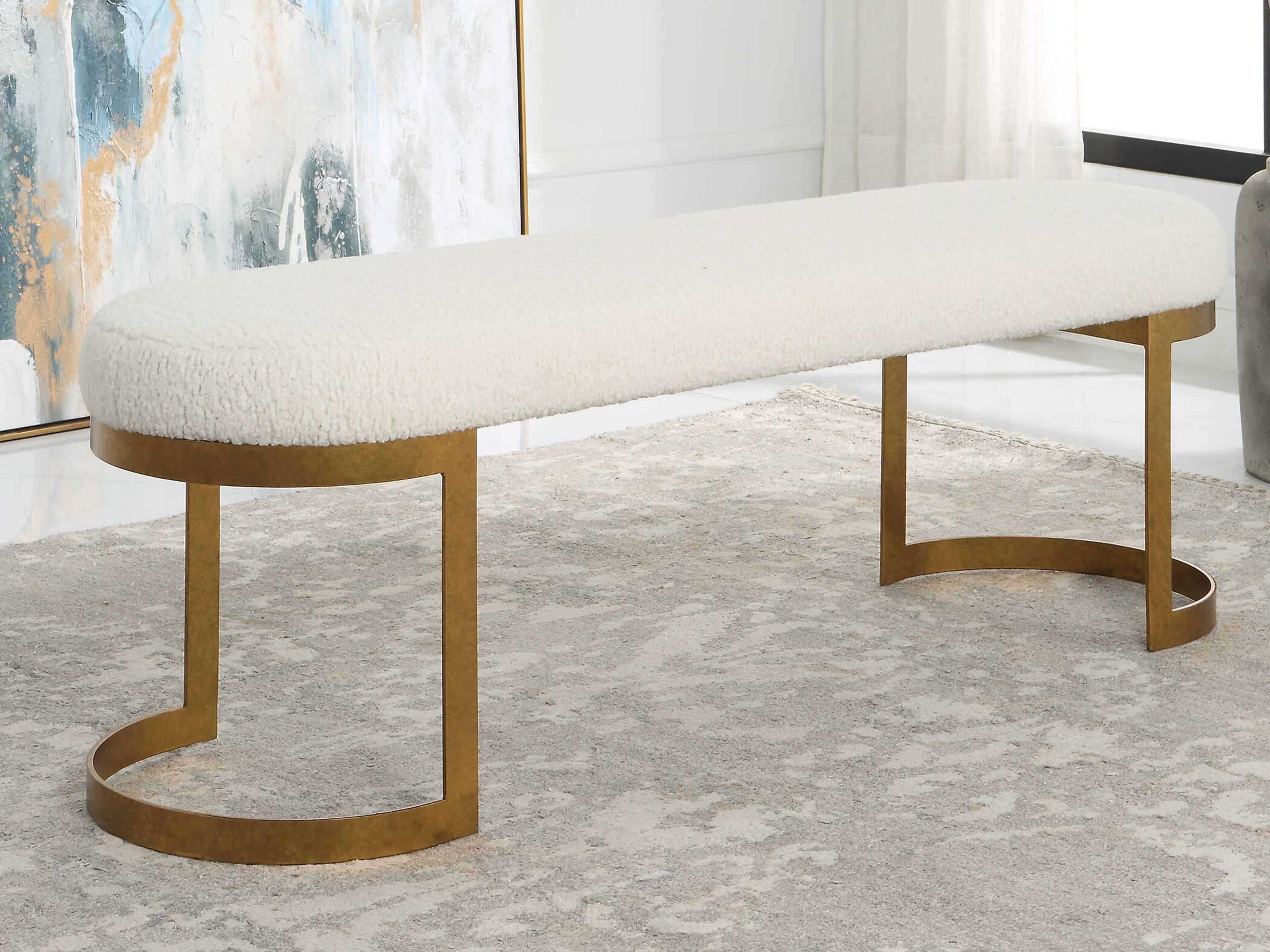 Uttermost Natural Antique Gold Leaf White Upholstered Accent Bench