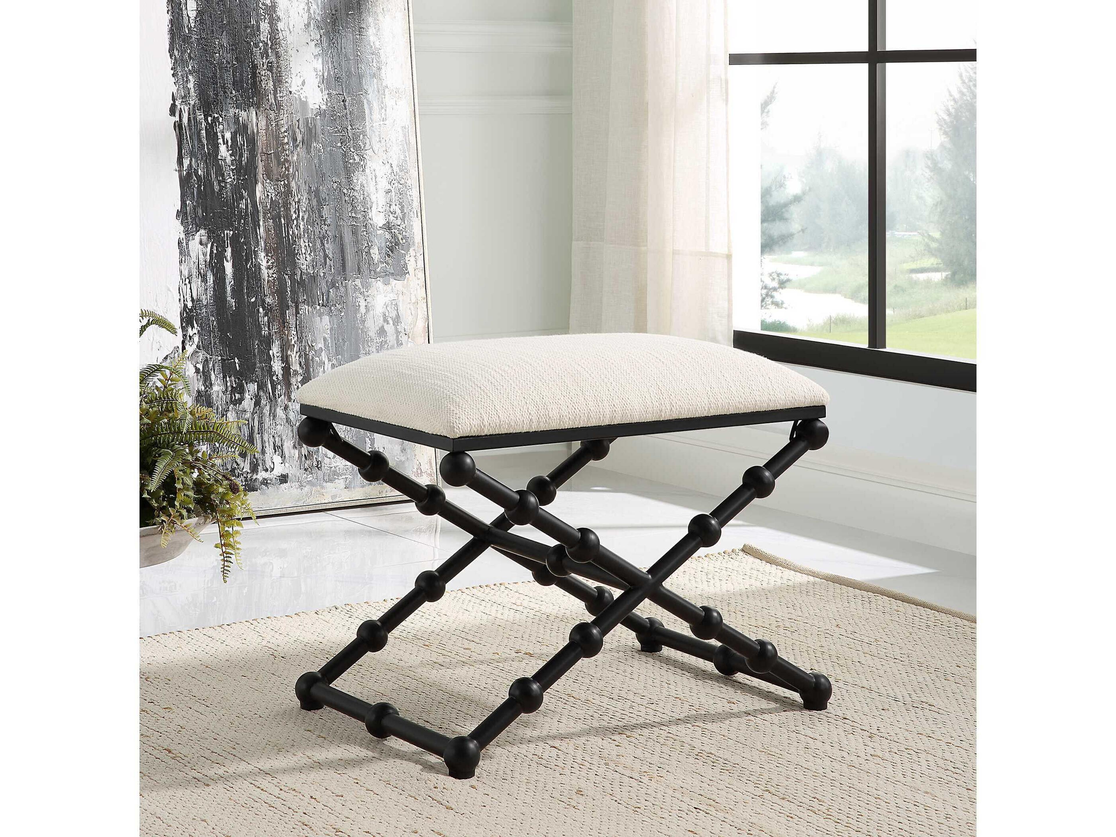 Uttermost Iron Crisp White Satin Black Upholstered Accent Bench