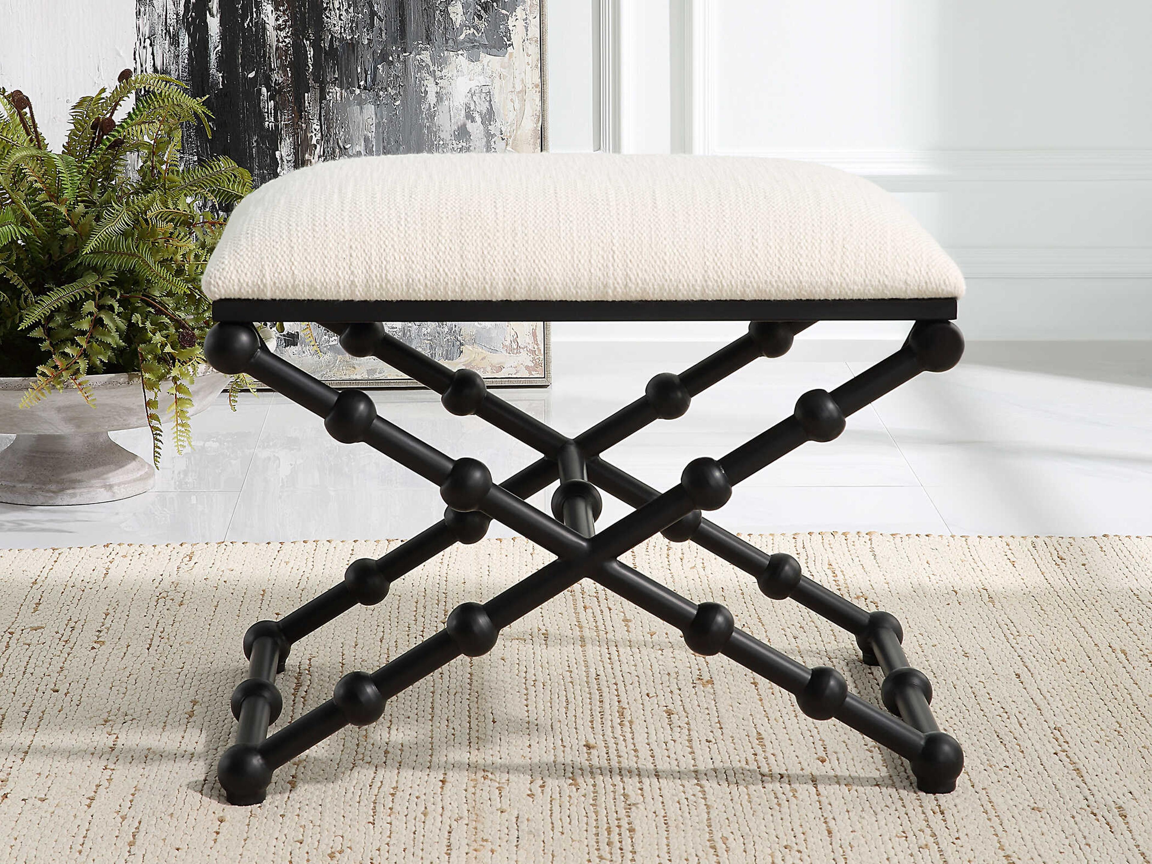 Uttermost Iron Crisp White Satin Black Upholstered Accent Bench