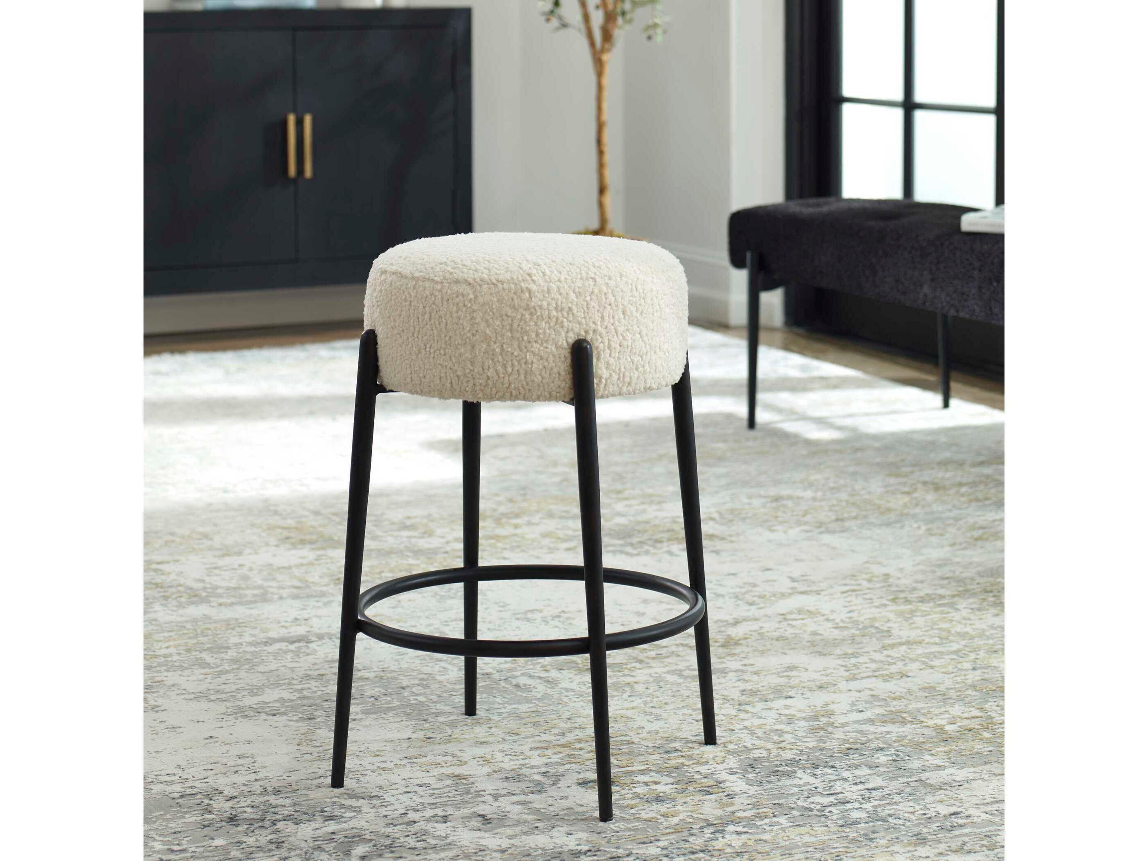 Uttermost Arles Upholstered Hardwood White Satin Black Counter Stool