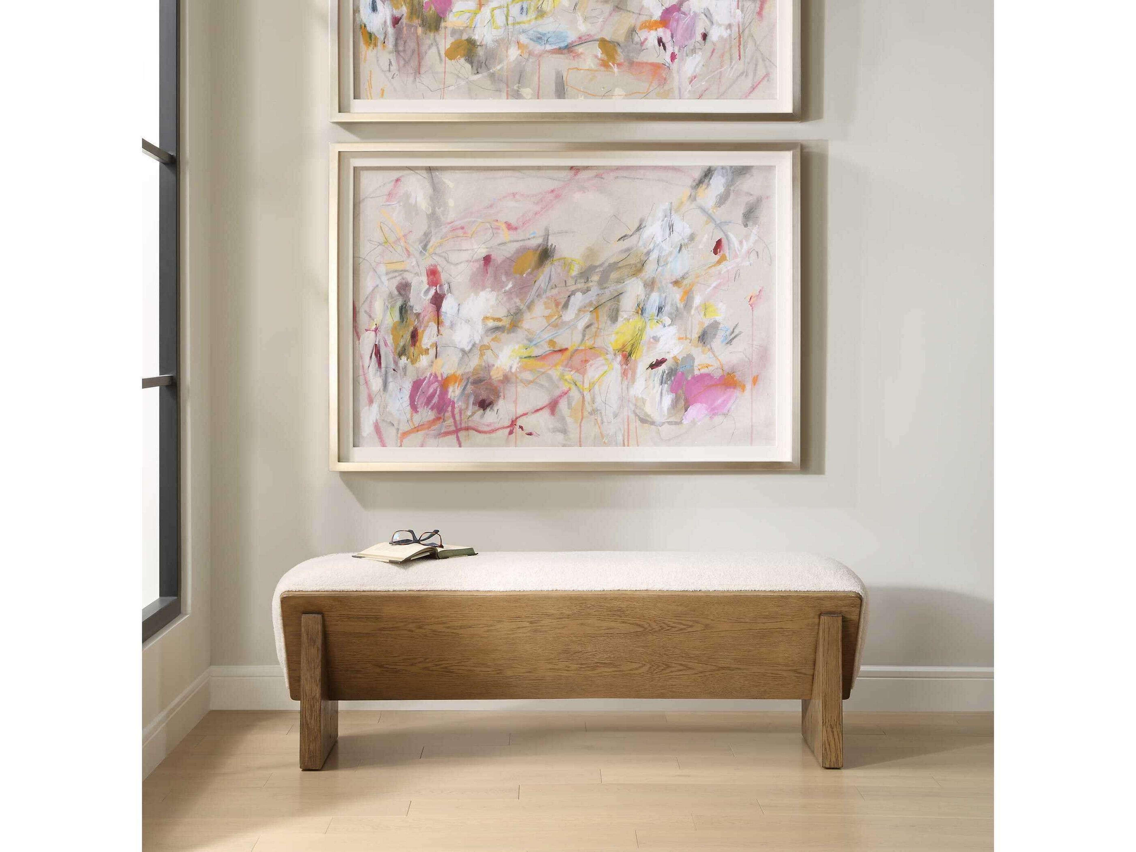 Uttermost Wedged Ivory Oak Beige Upholstered Accent Bench