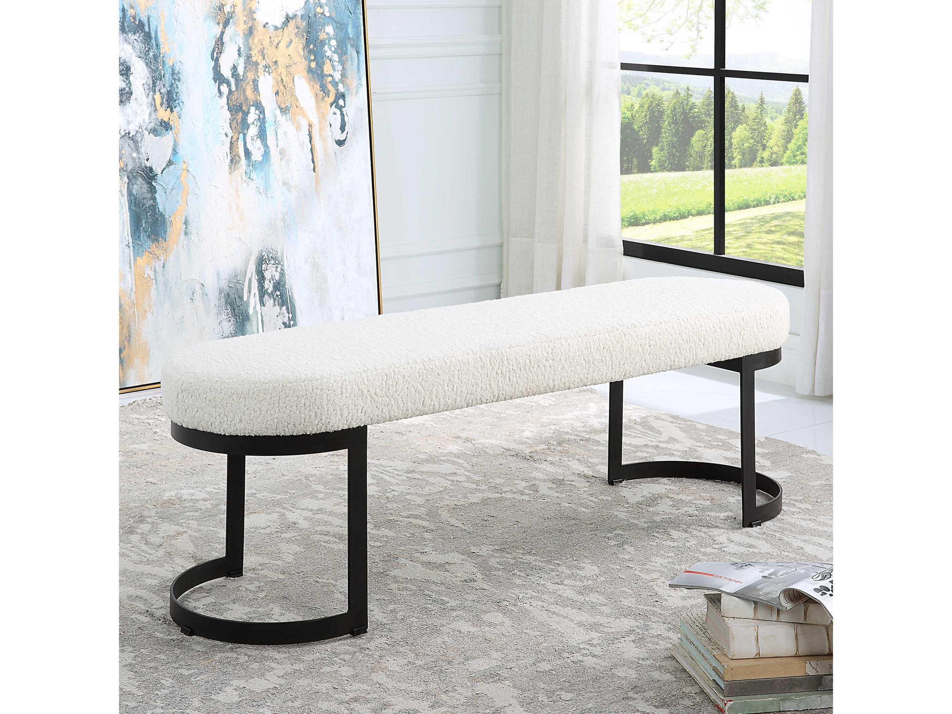 Uttermost Natural Matte Black White Upholstered Accent Bench