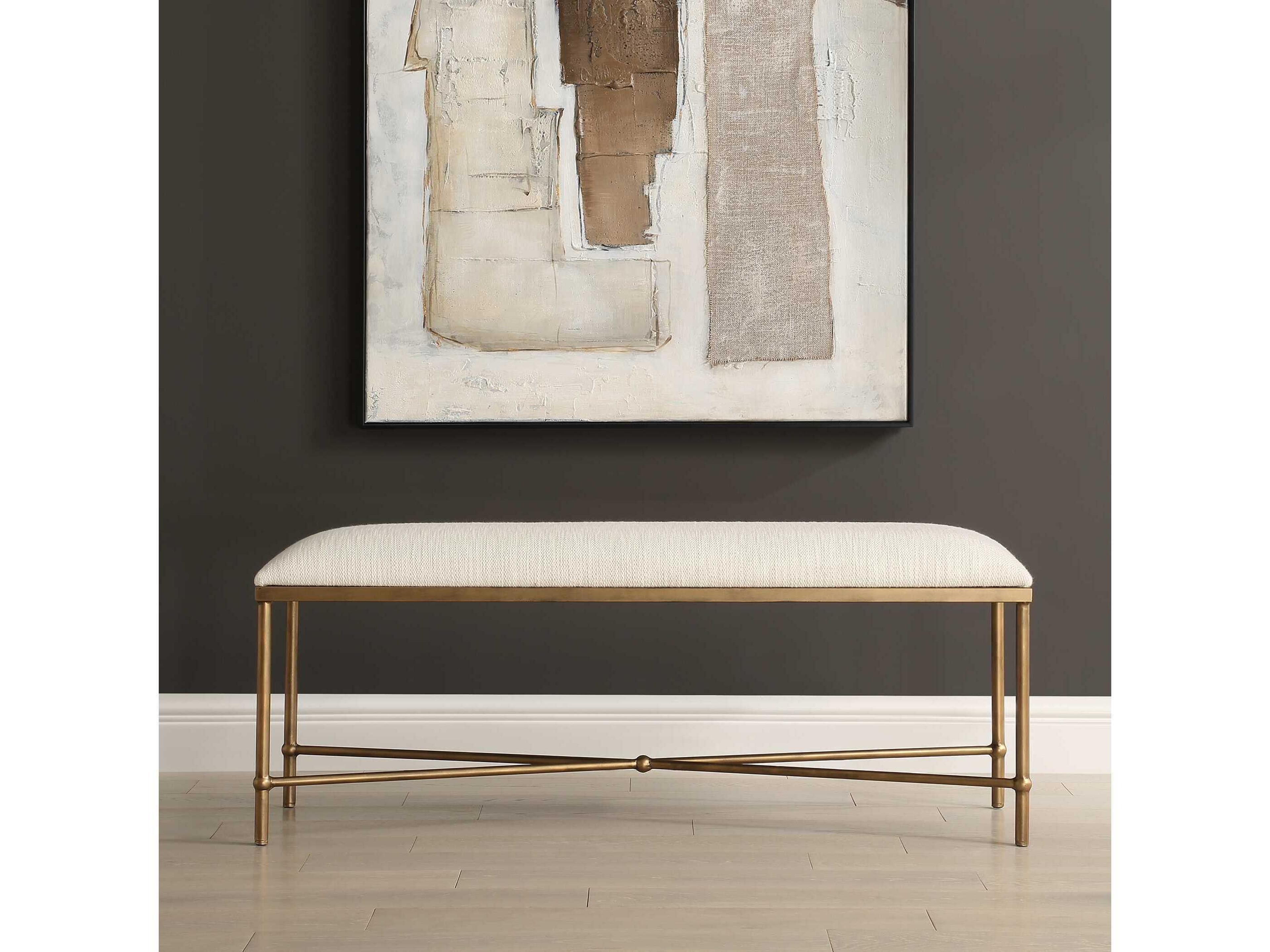 Uttermost Avenham White Antique Gold Upholstered Accent Bench