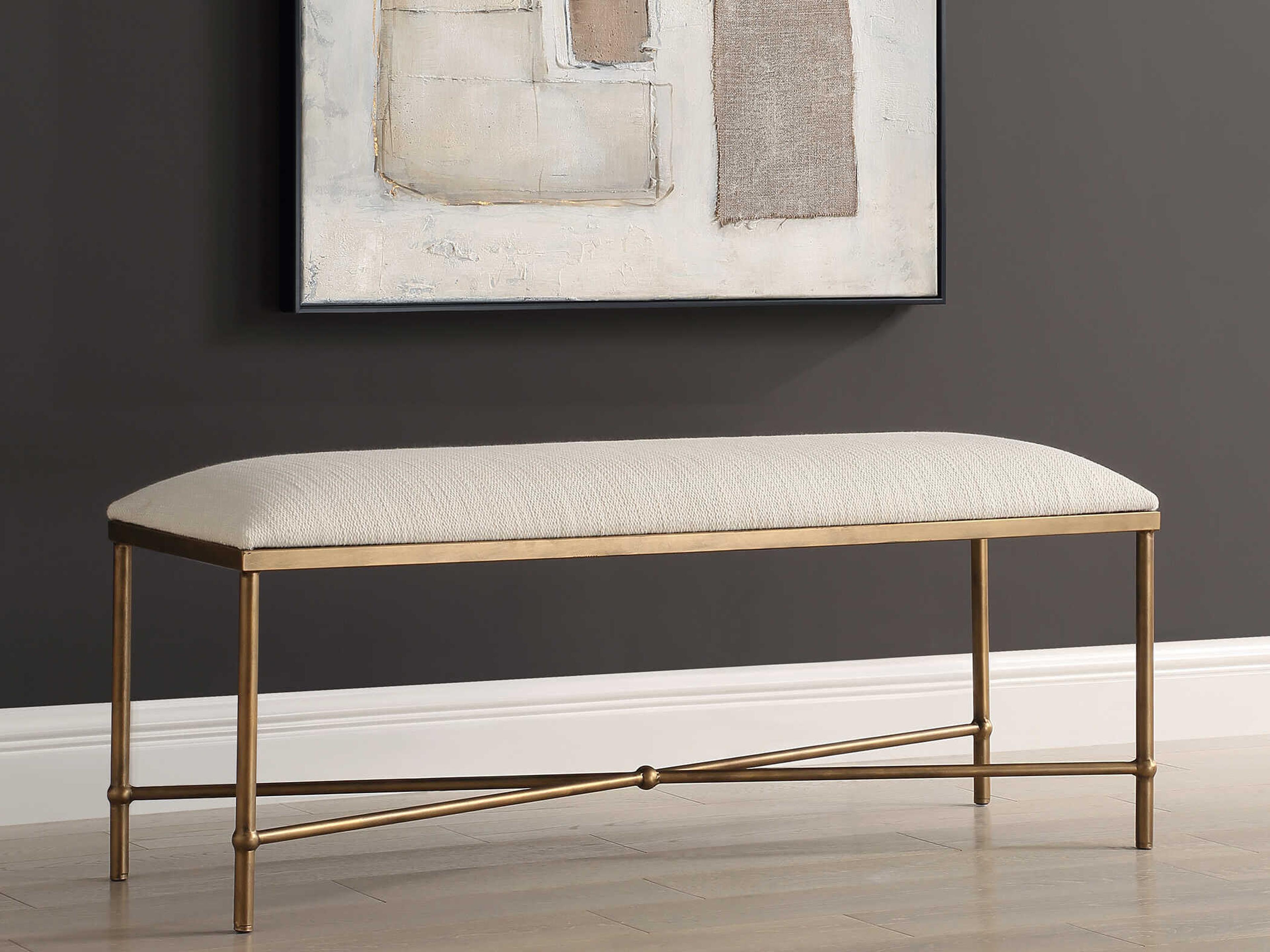 Uttermost Avenham White Antique Gold Upholstered Accent Bench