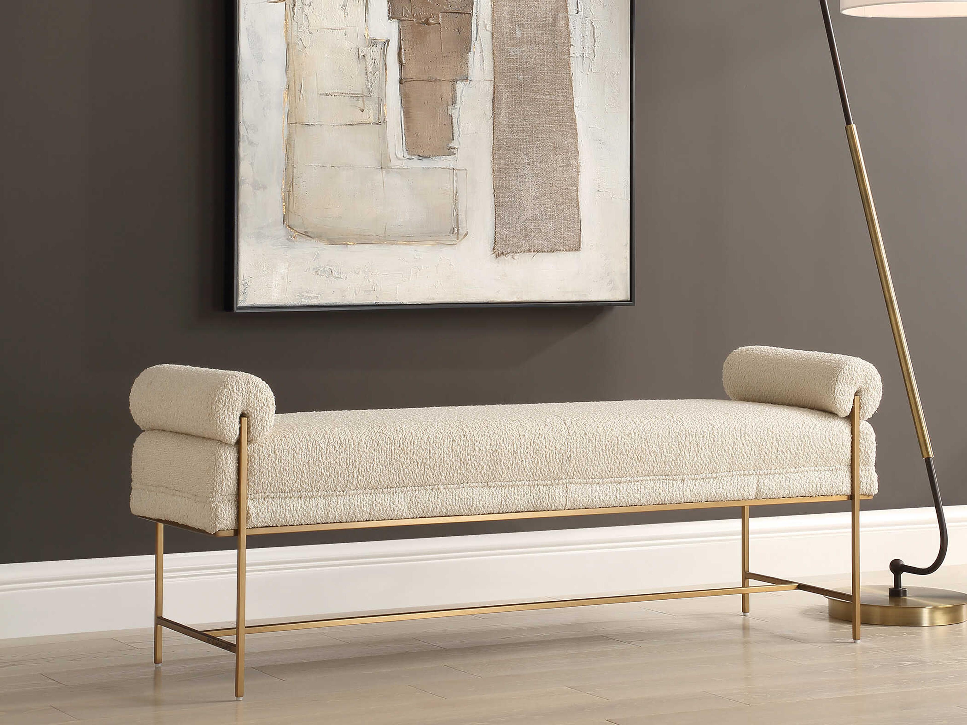 Uttermost Bolster Pearl White Brushed Brass Beige Upholstered Accent Bench