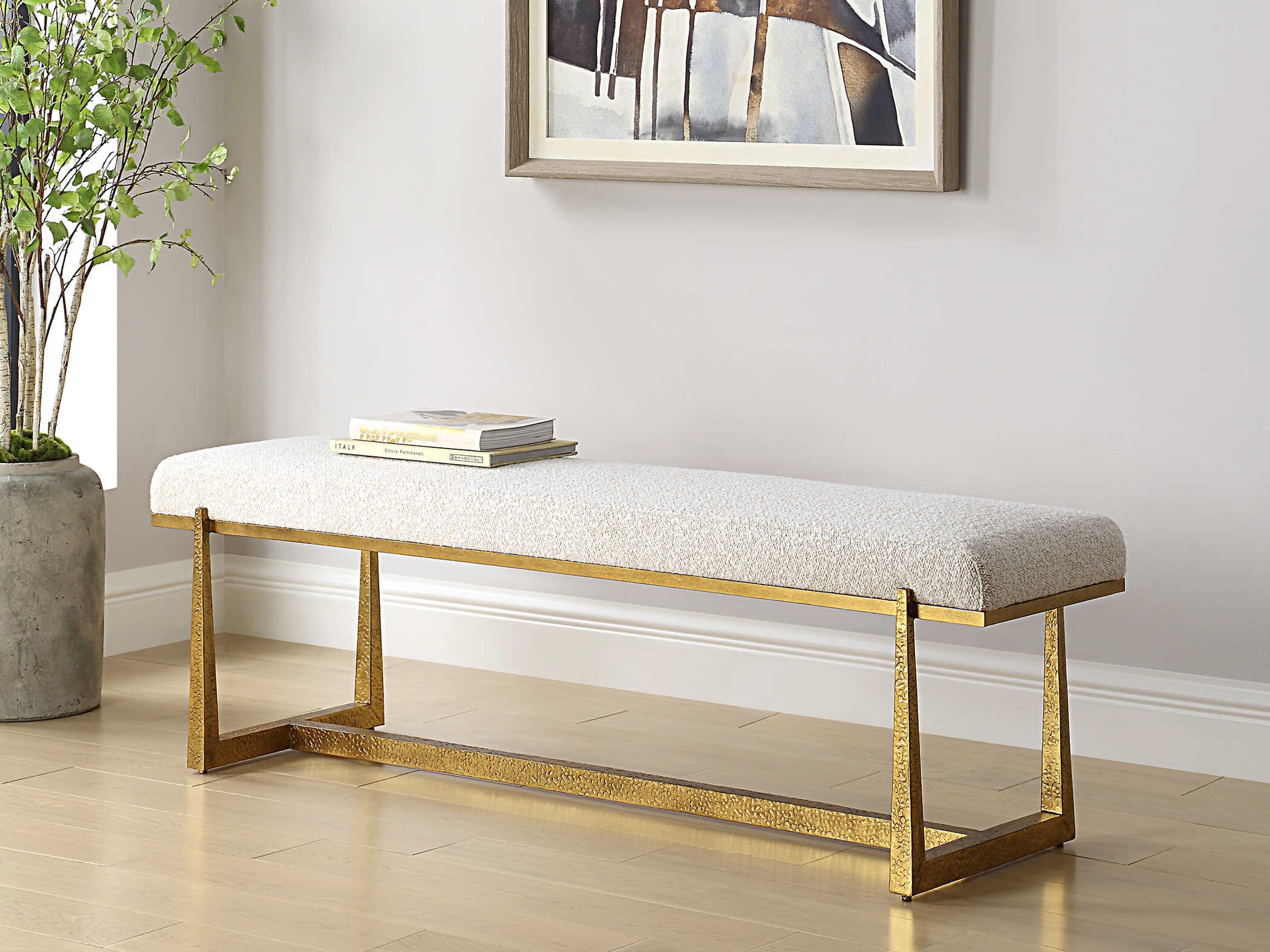 Uttermost Midas Driftwood Antique Gold Beige Upholstered Accent Bench