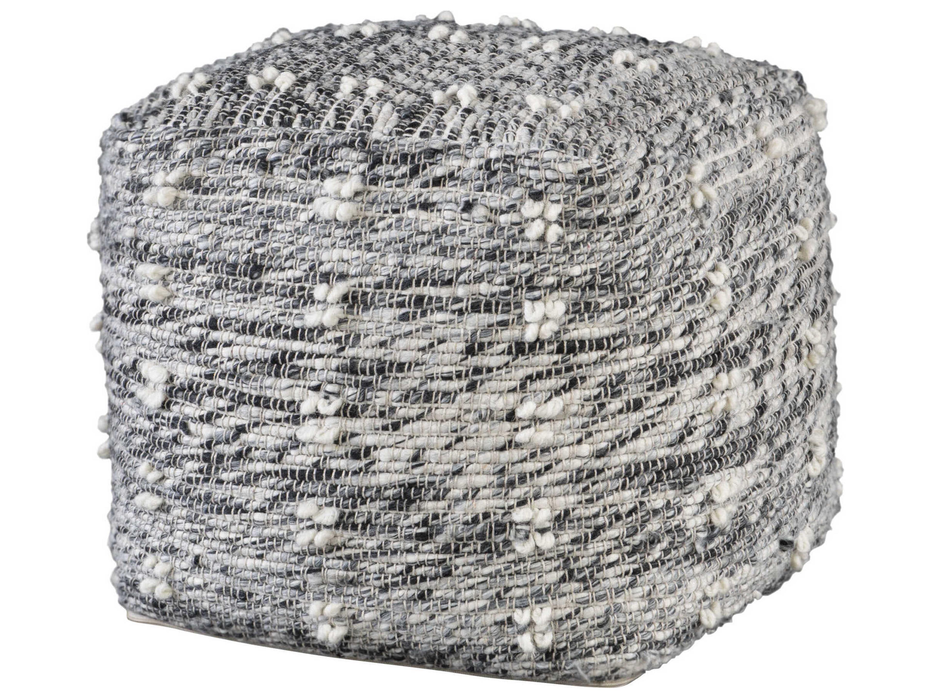 Narol Gray Neutral Charcoal Black With Soft White Upholstered Pouf