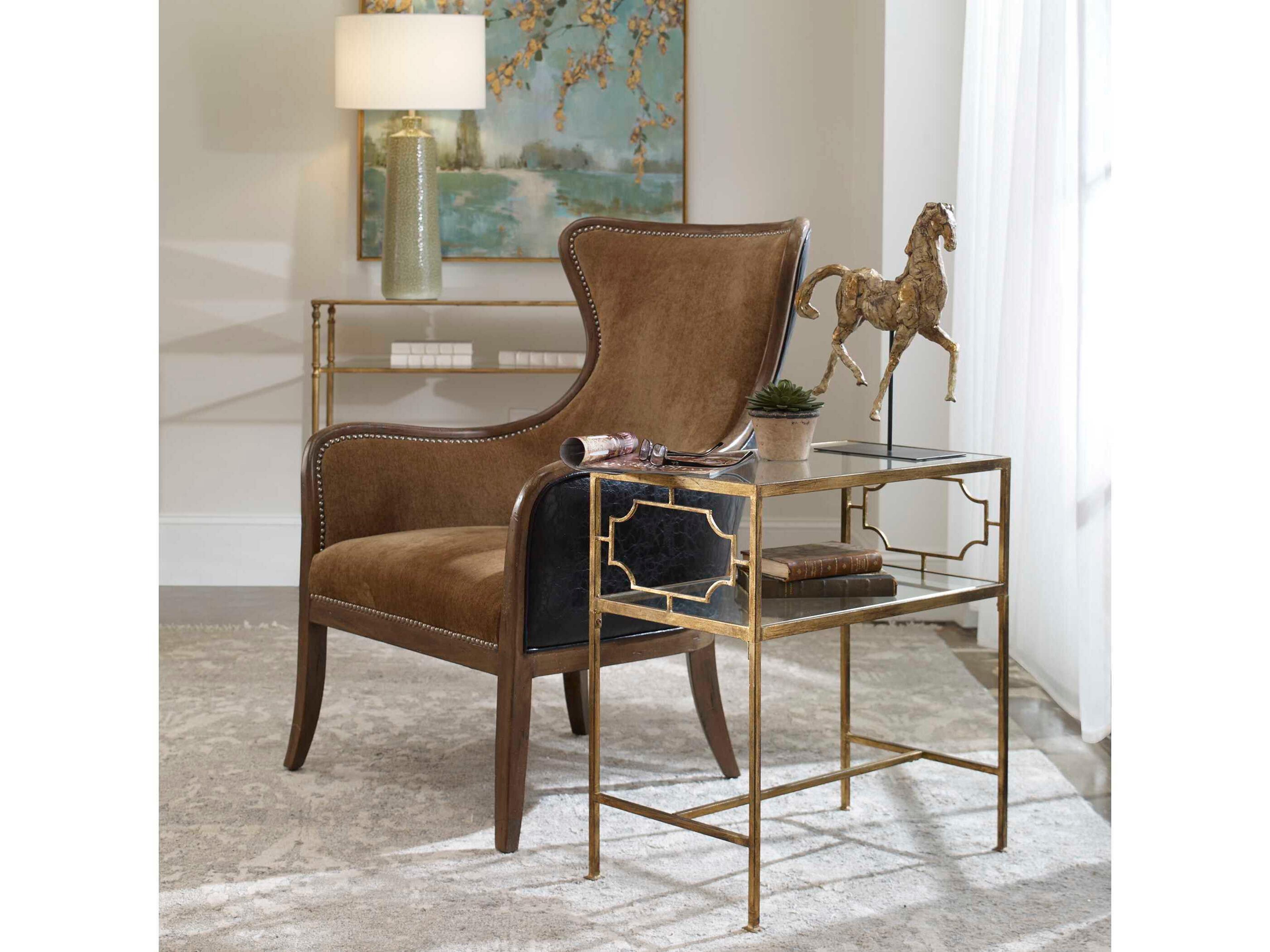 Uttermost Genell Rectangular Glass Antique Gold Leaf End Table