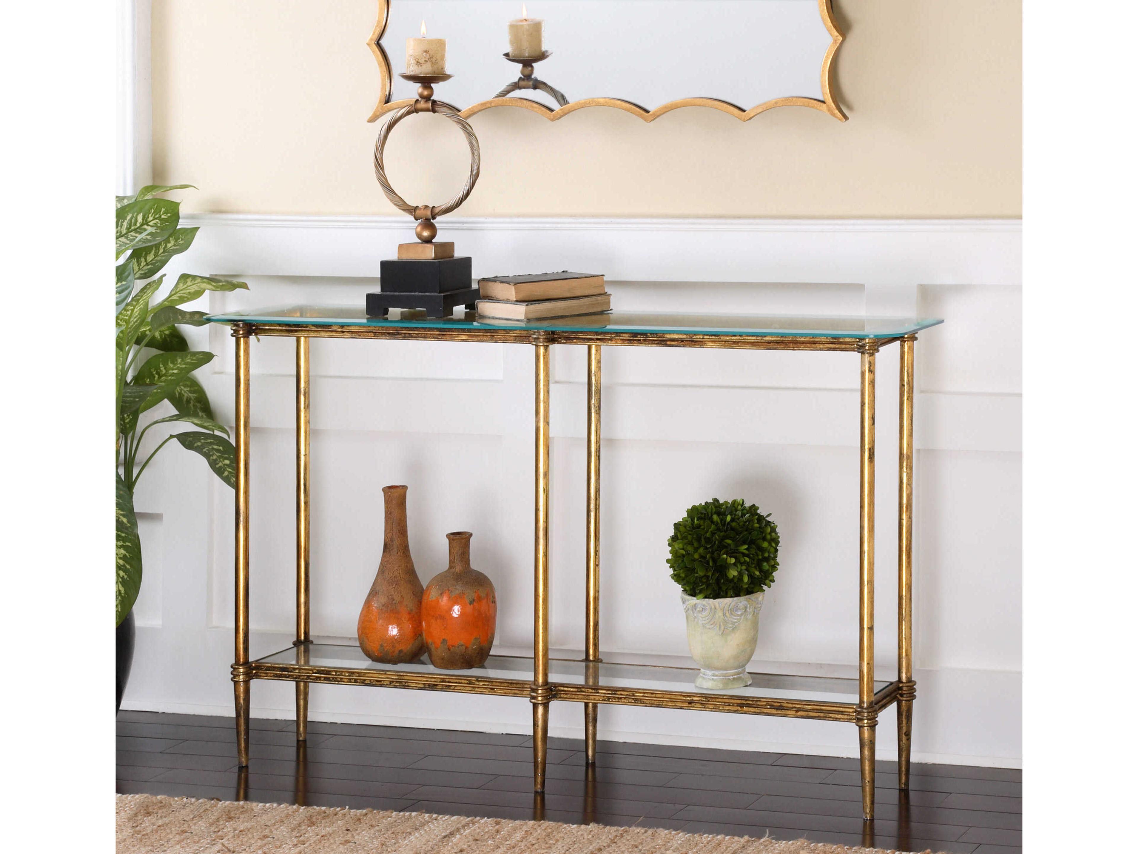 Uttermost Elenio Glass Rectangular Bright Gold Leaf Console Table