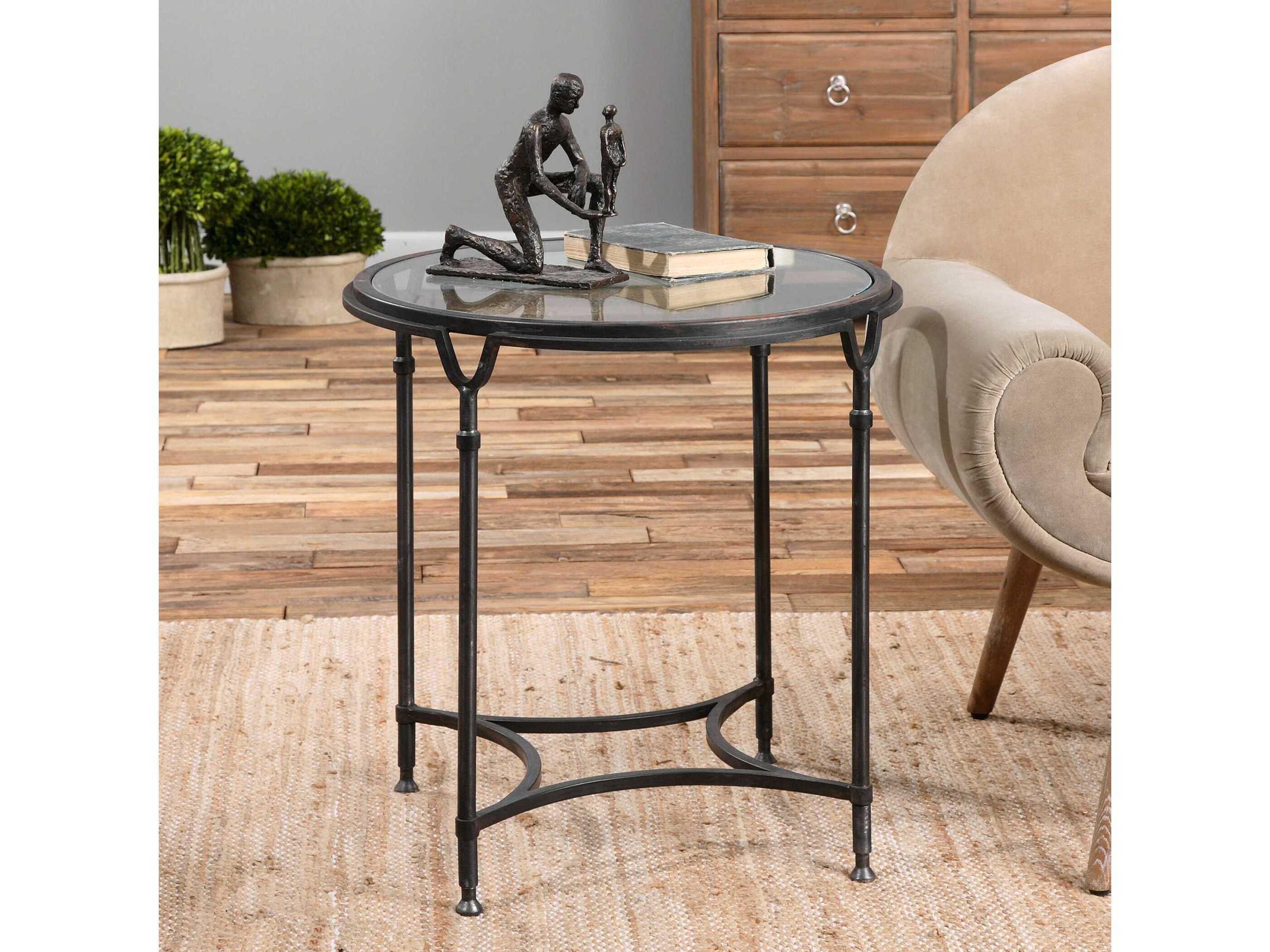 Uttermost Samson Round Glass Aged Black End Table