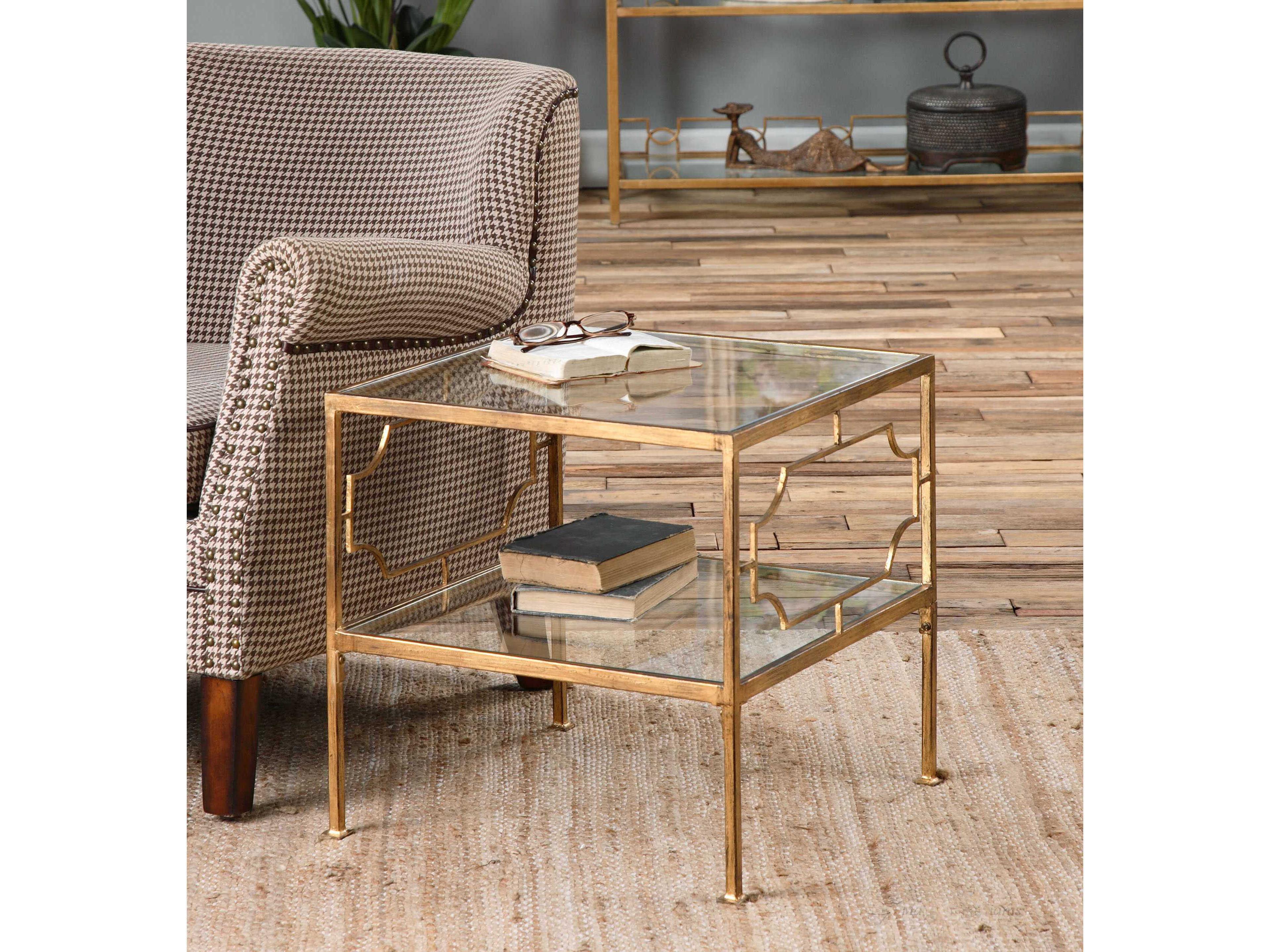 Uttermost Genell Square Glass Antique Gold Leaf End Table