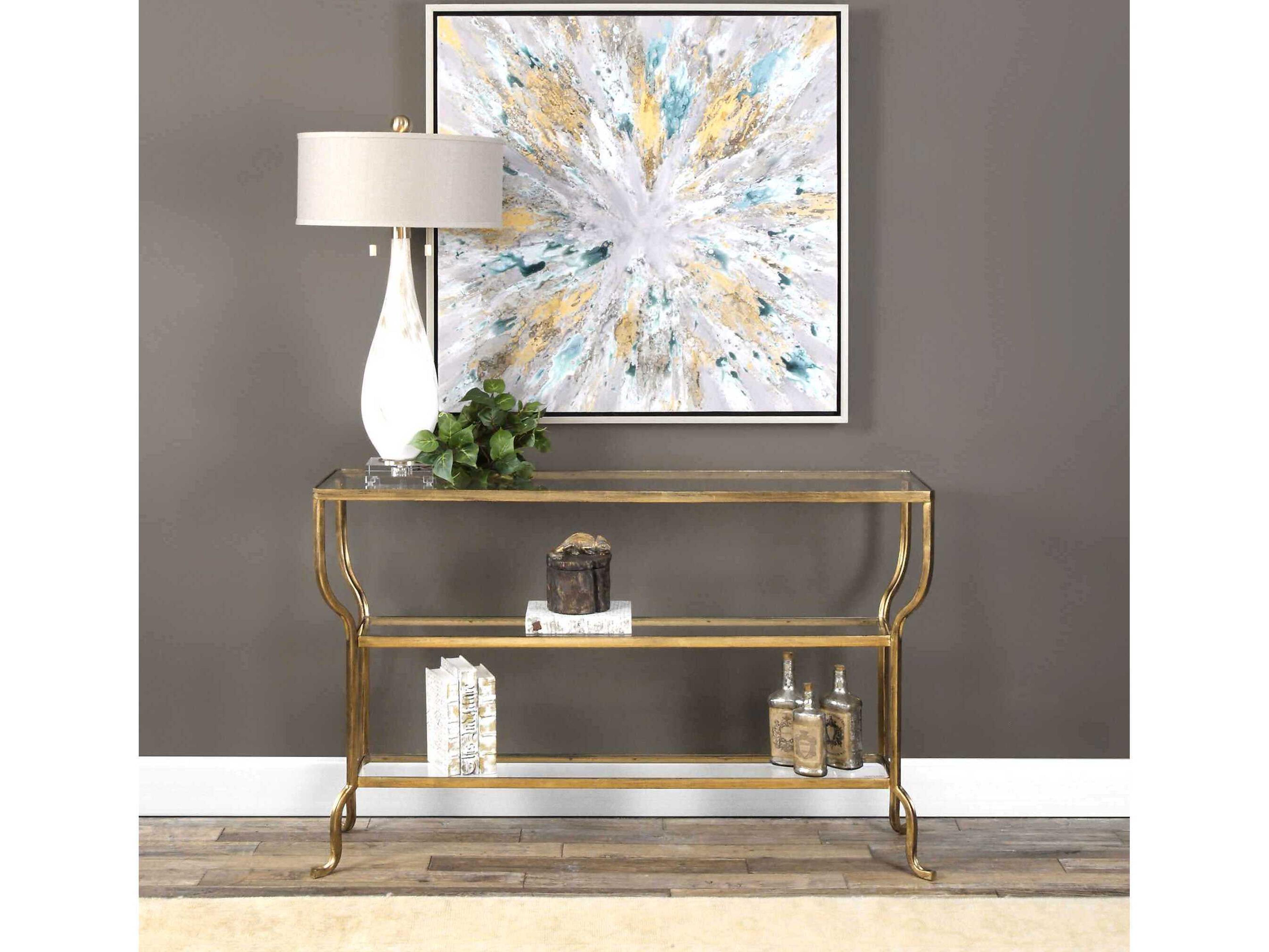Uttermost Matthew Williams Deline Rectangular Glass Antiqued Gold Console Table