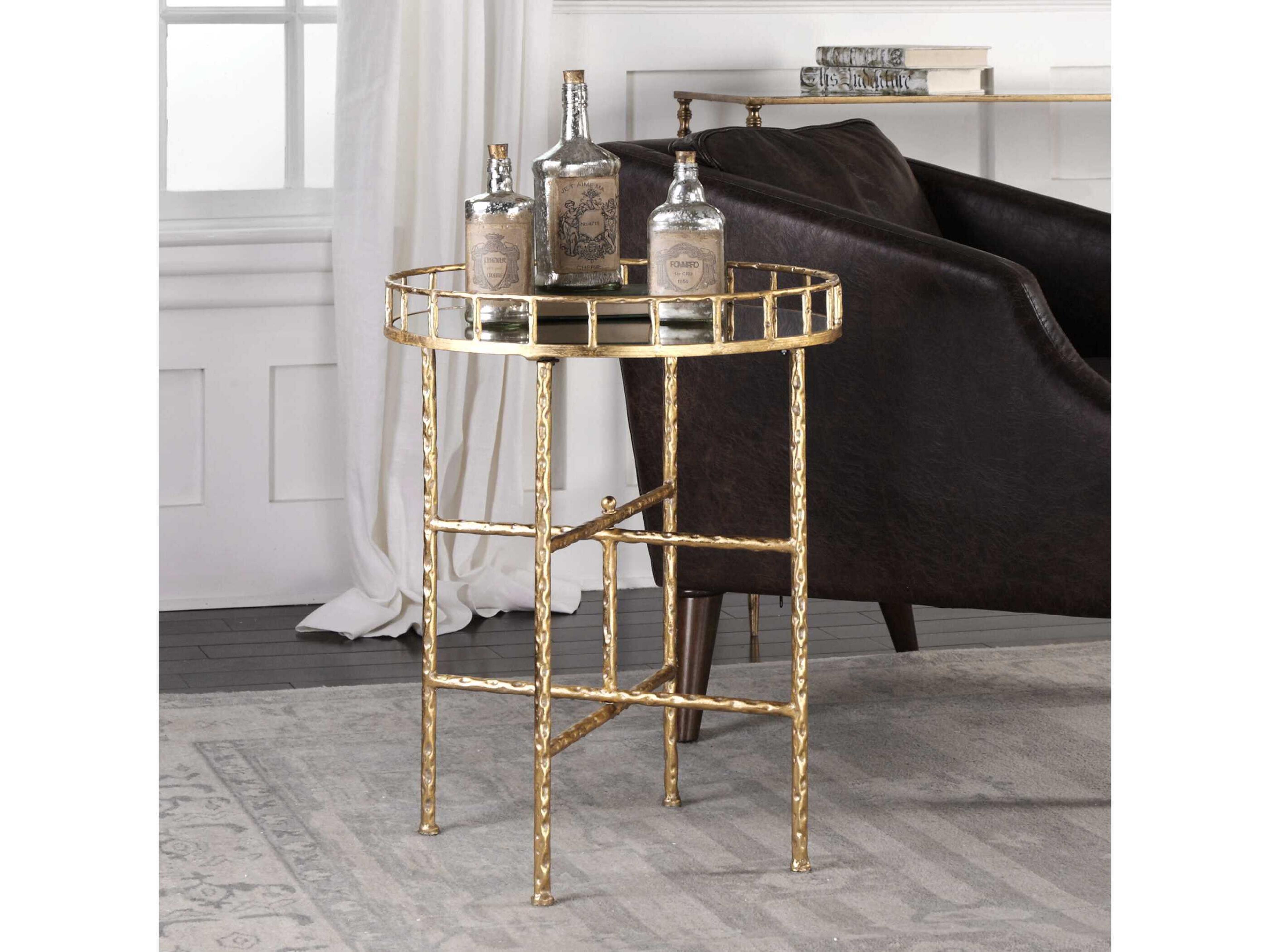 Uttermost Tilly Round Glass Bright Gold Leaf End Table
