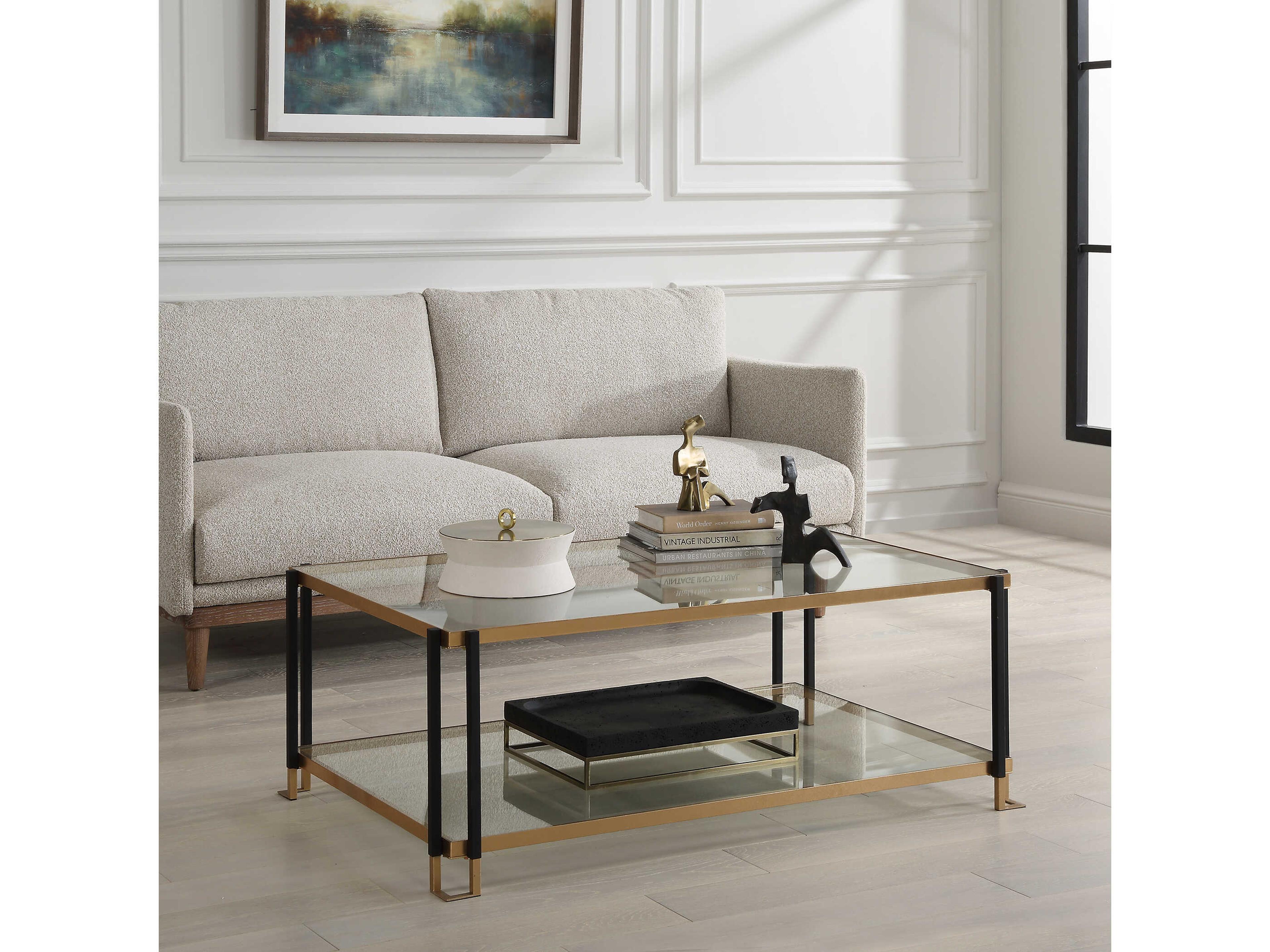 Uttermost Kentmore Rectangular Glass Matte Black Gold Leaf Coffee Table