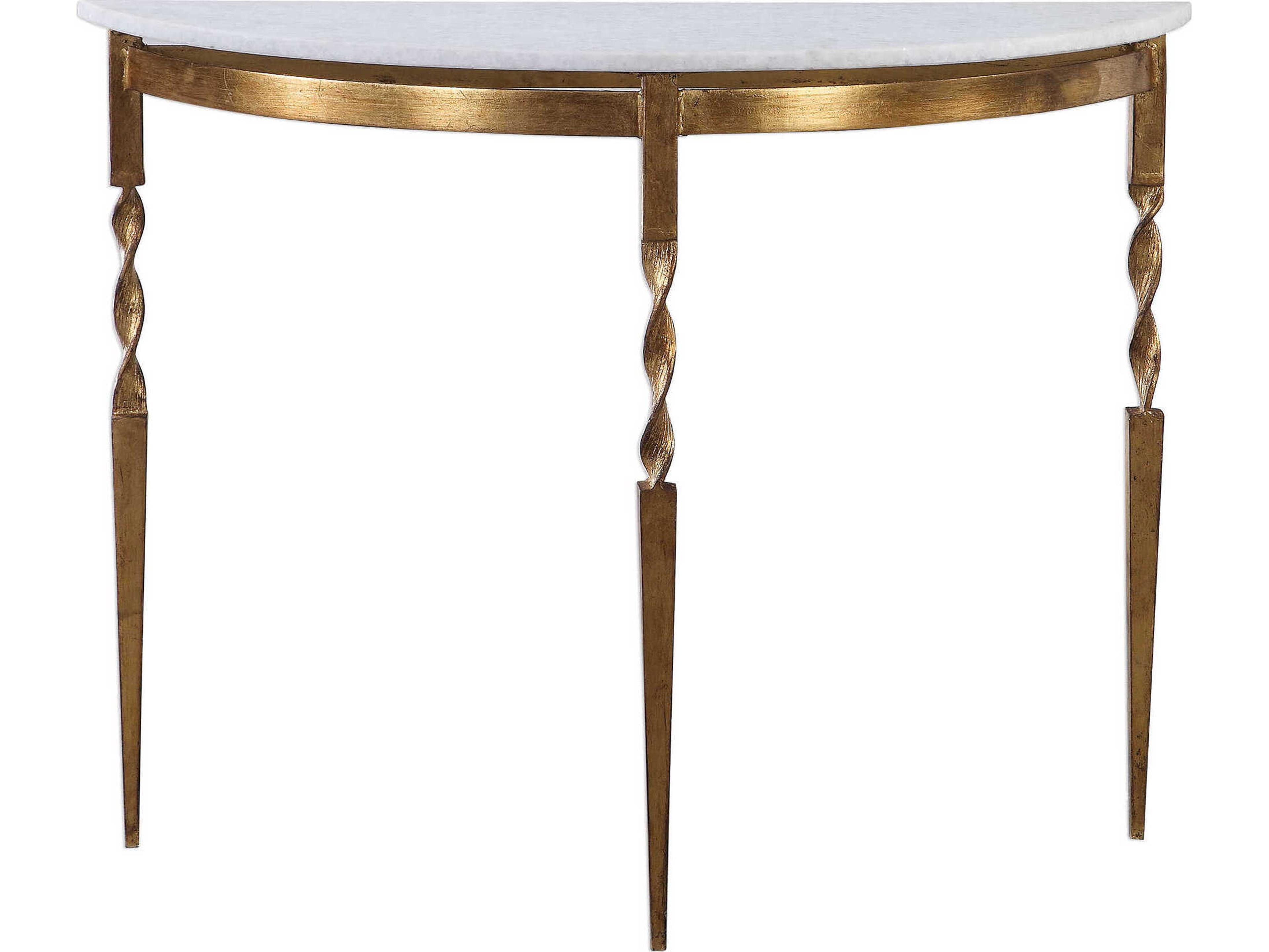 Imelda Demilune Console Table with White Marble Top and Antiqued Gold Base