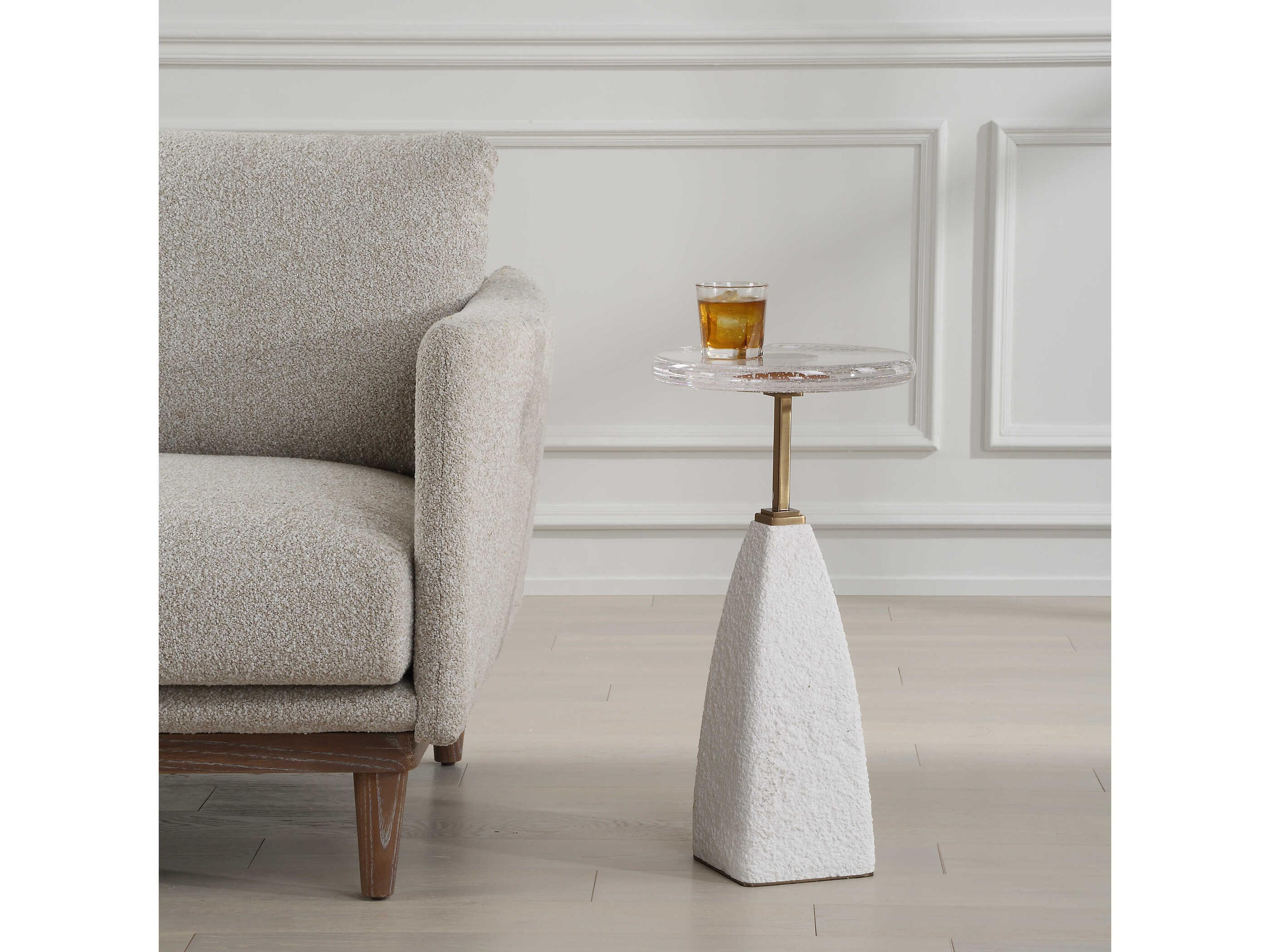 Uttermost Sora Round Glass Sandstone Brushed Brass End Table