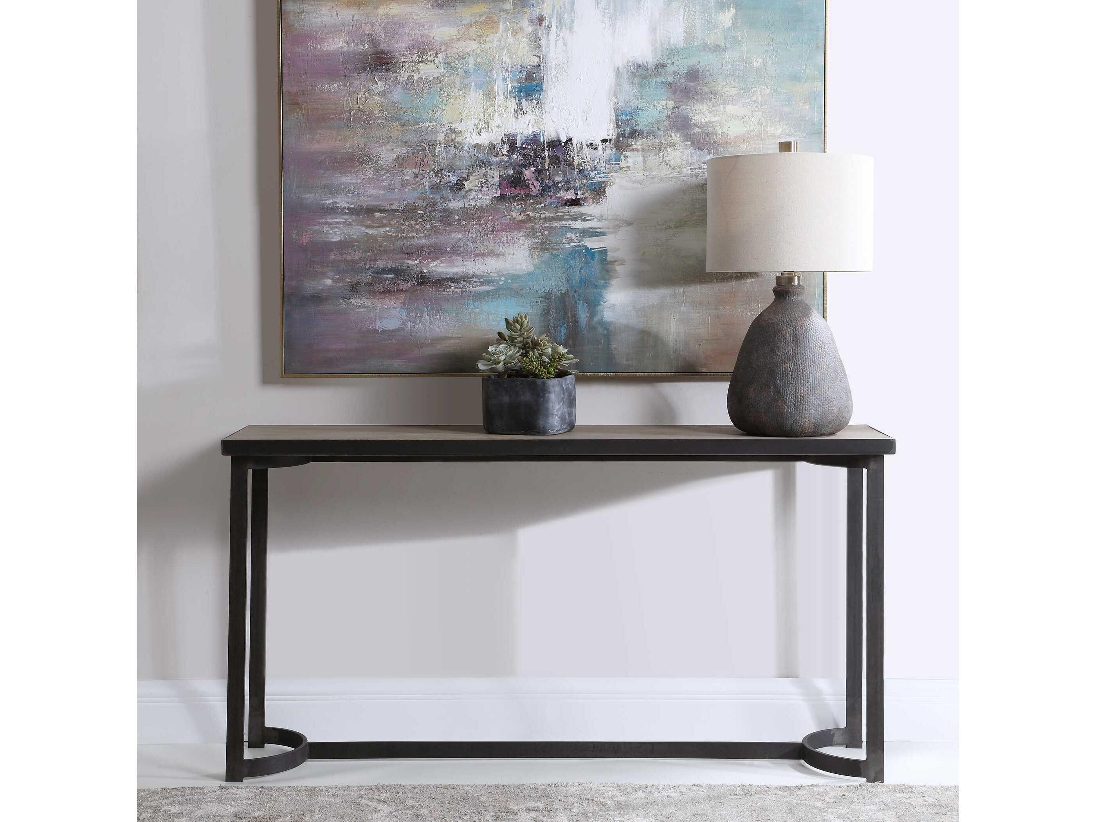 Uttermost Basuto Steel Rectangular Wood Natural Oak Light Gray Console Table