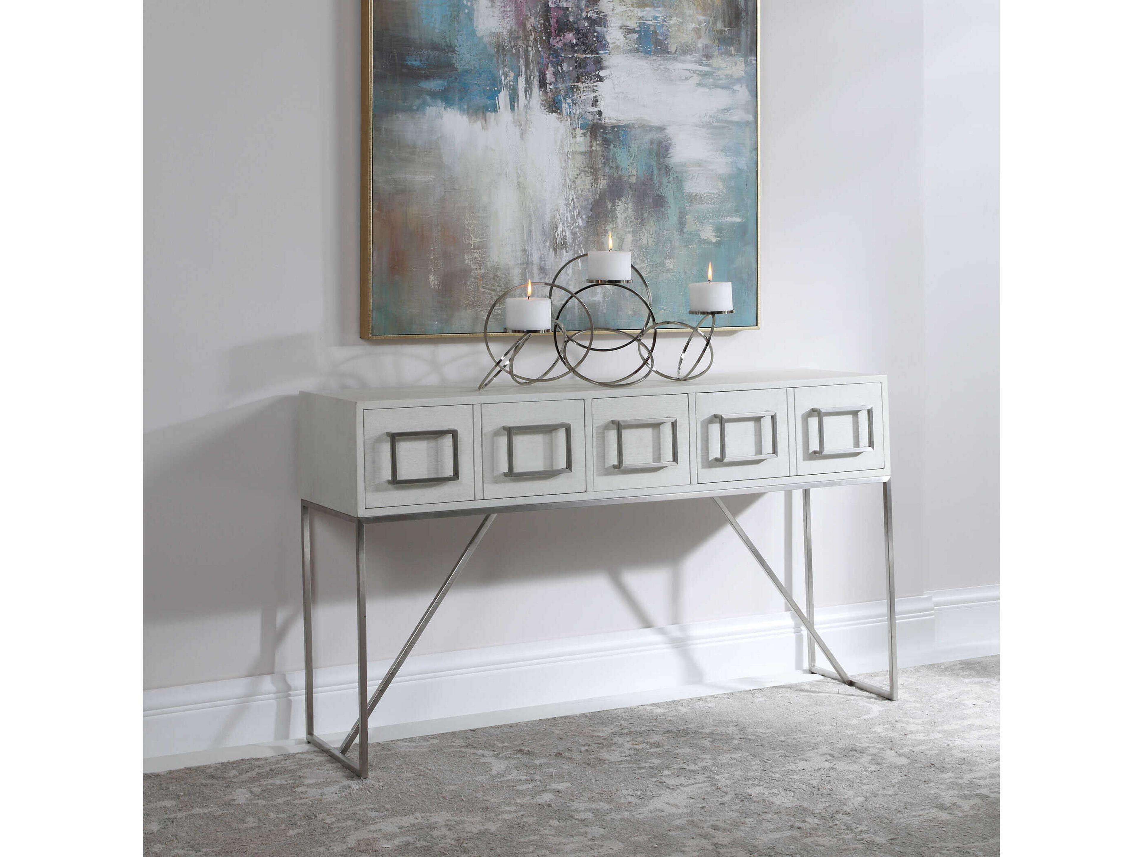 Uttermost Abaya Rectangular Wood Soft White With Light Gray Brushed Nickel Console Table