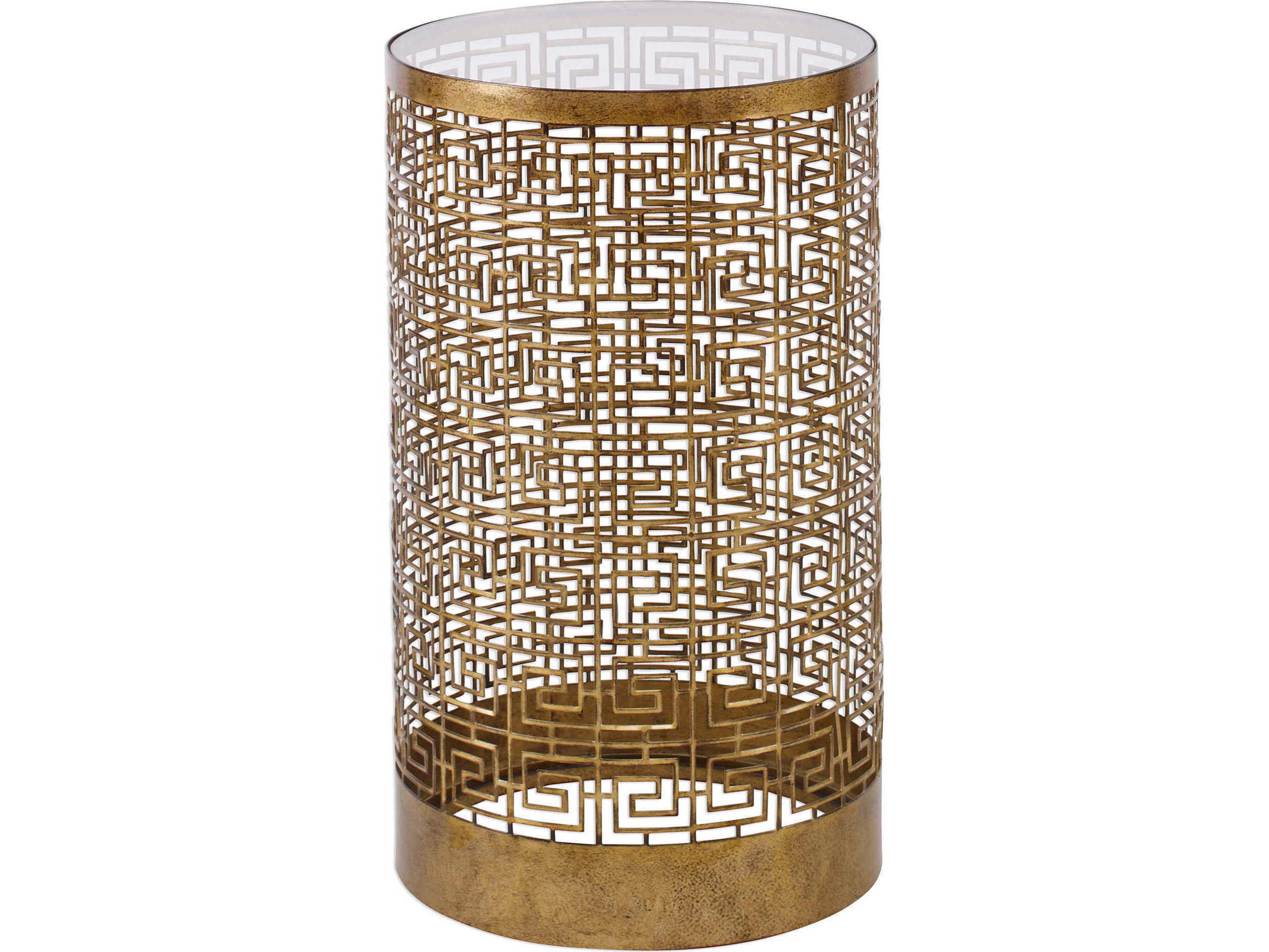 Algernon Round Glass Antiqued Gold End Table