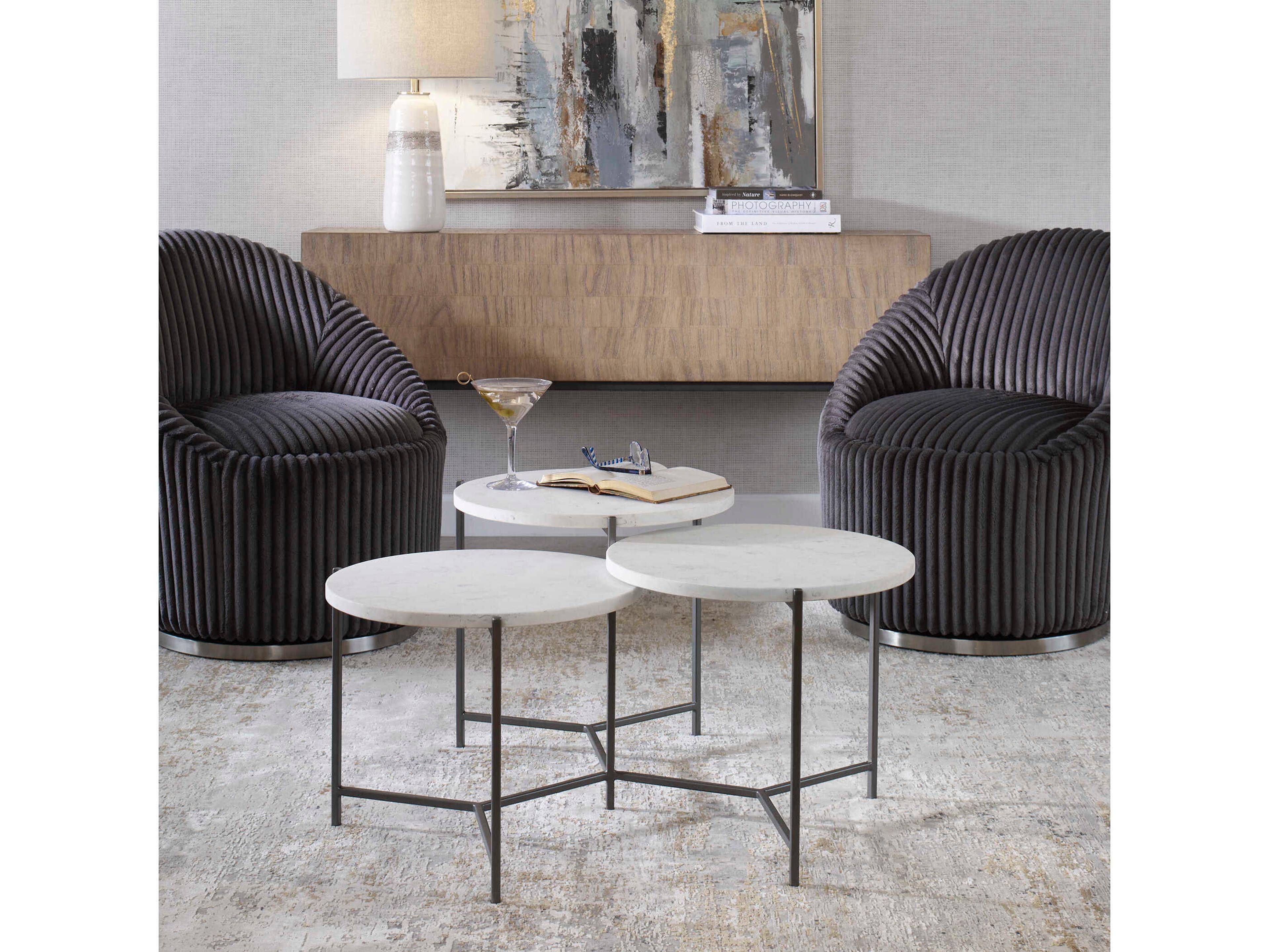 Uttermost Contarini Round White Venetian Marble Gunmetal Coffee Table