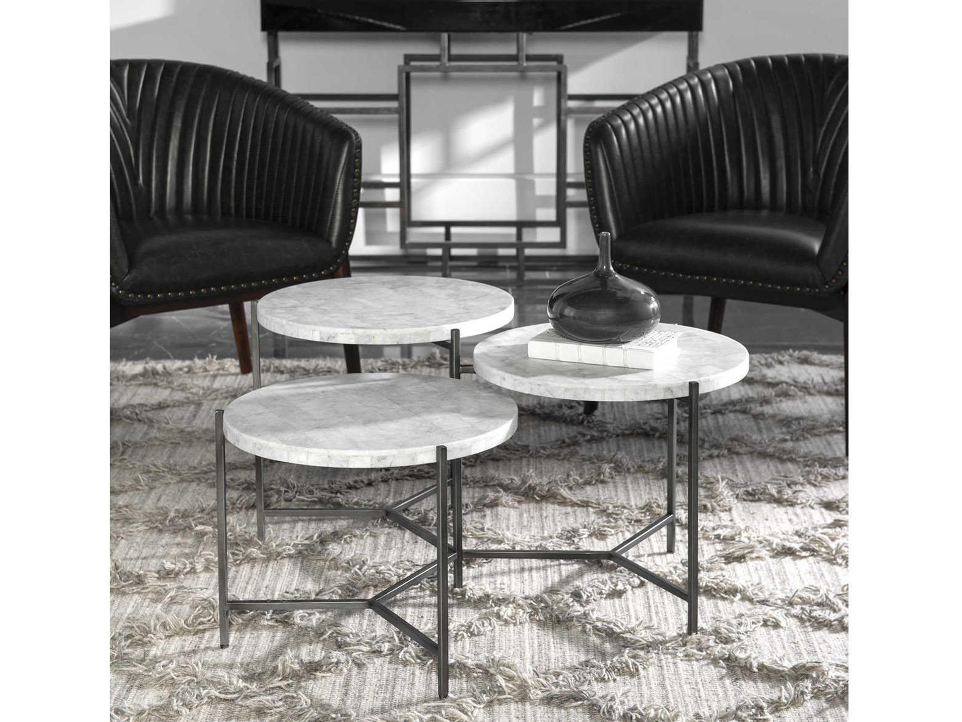 Uttermost Contarini Round White Venetian Marble Gunmetal Coffee Table