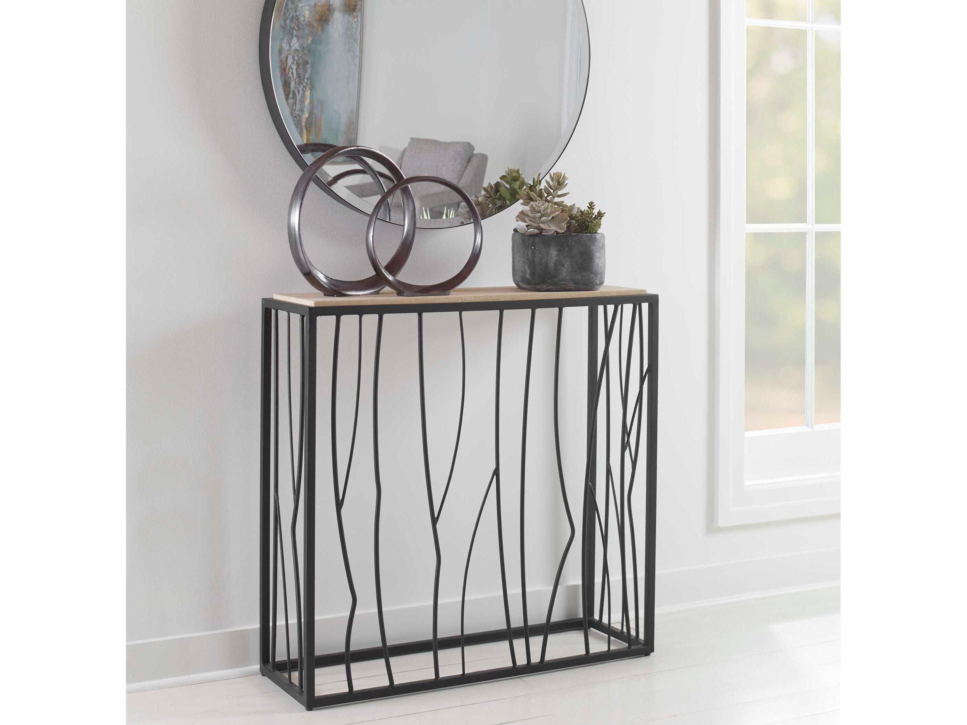 Uttermost Reed Travertine Rectangular Stone Dark Iron Console Table
