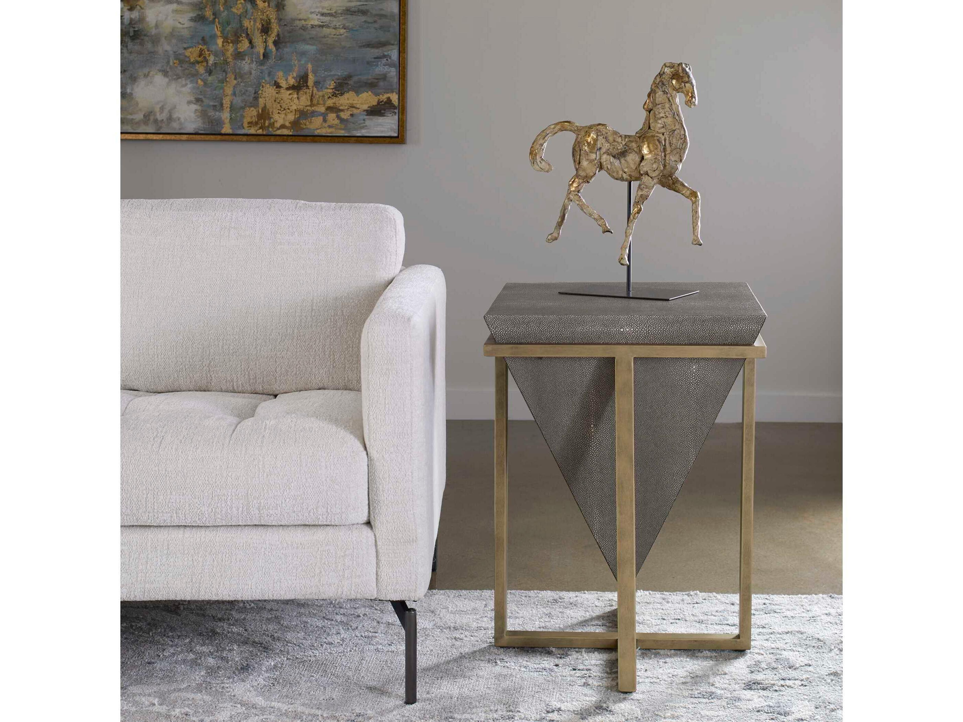 Bertrand Square Faux Leather Elegant Gray Aged Gold End Table