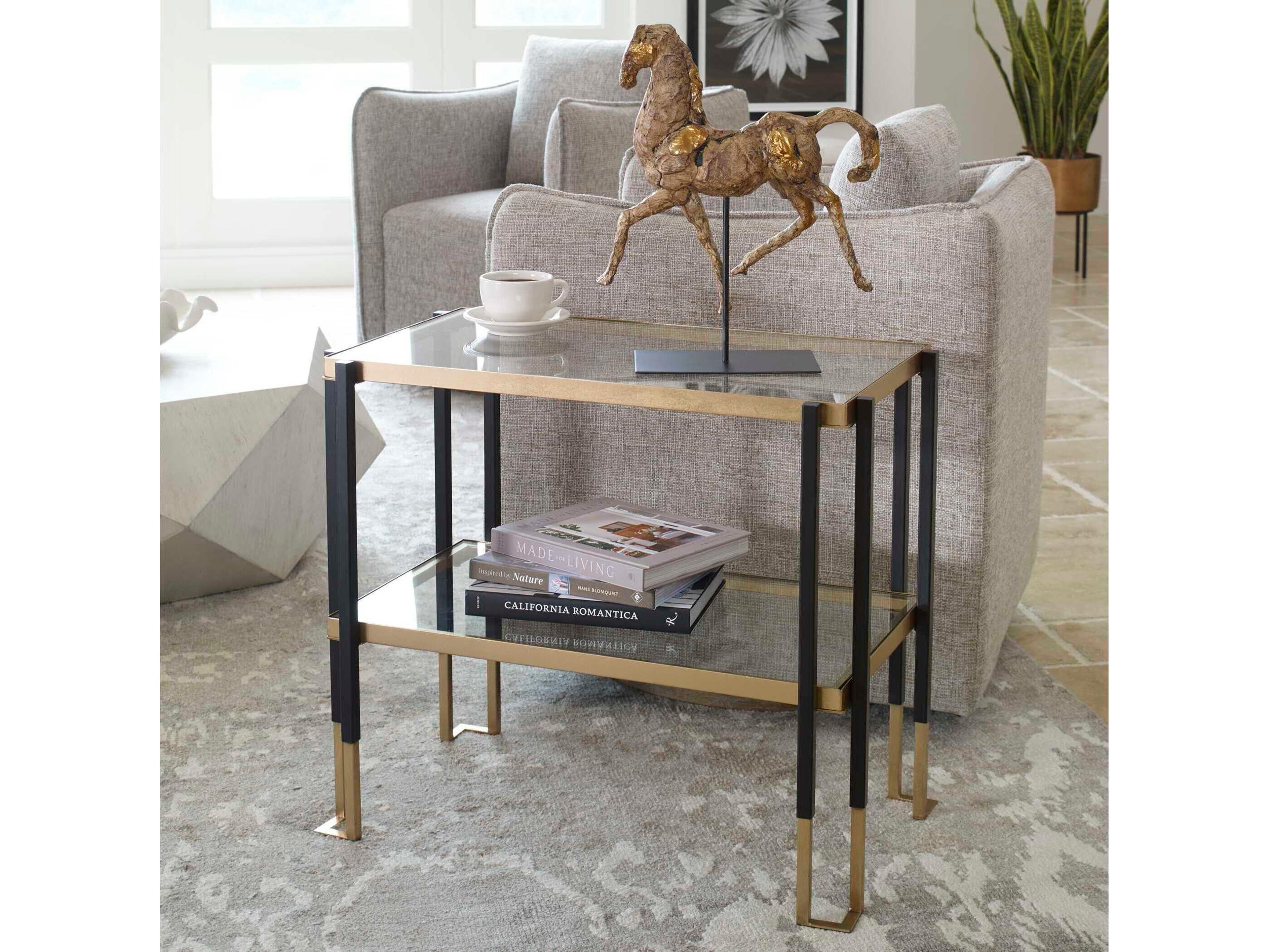 Uttermost Kentmore Rectangular Glass Matte Black Brushed Gold End Table