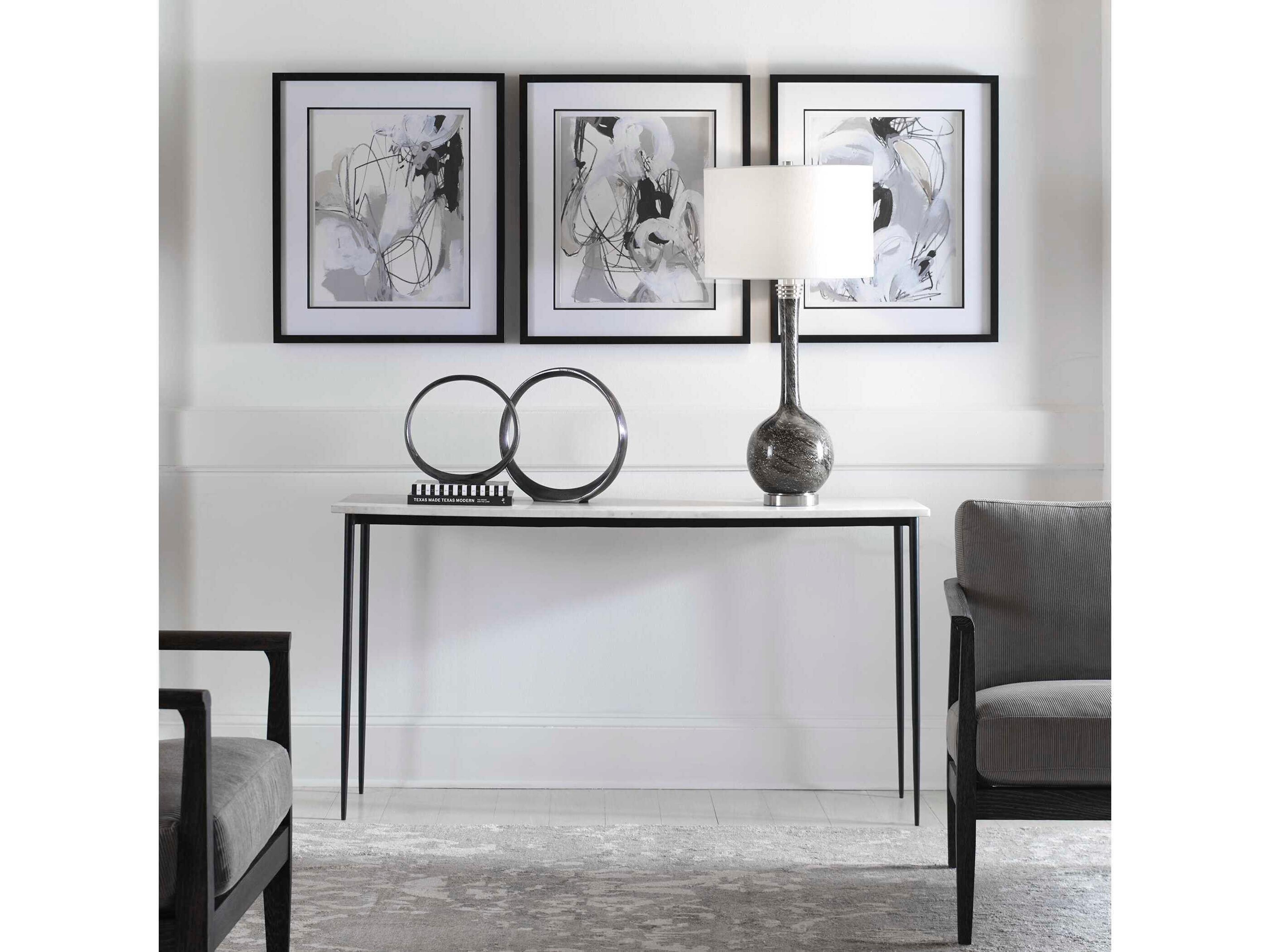 Uttermost Nightfall Rectangular White Marble Satin Black Console Table