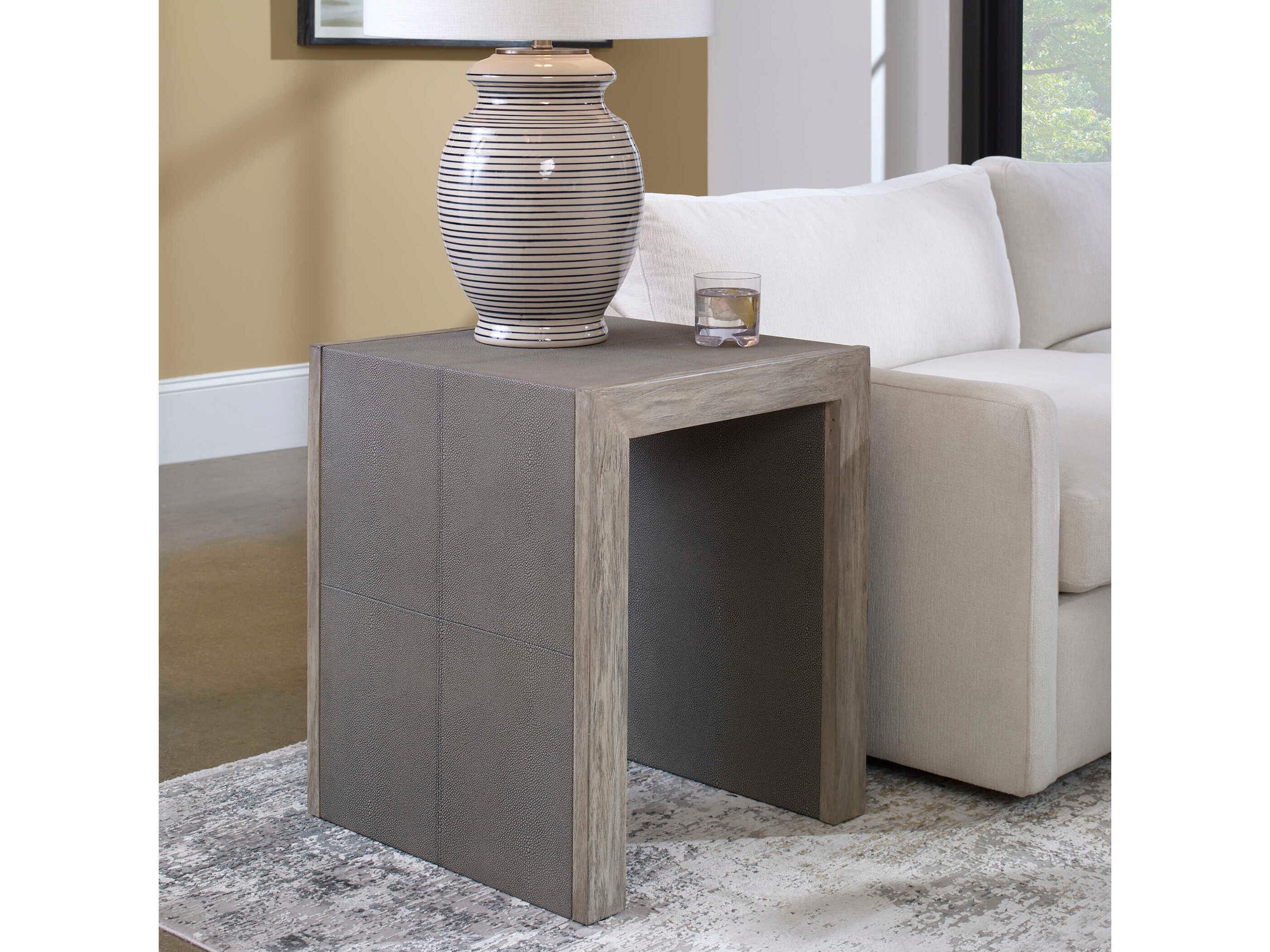 Aerina Square Faux Leather Gray Shagreen End Table