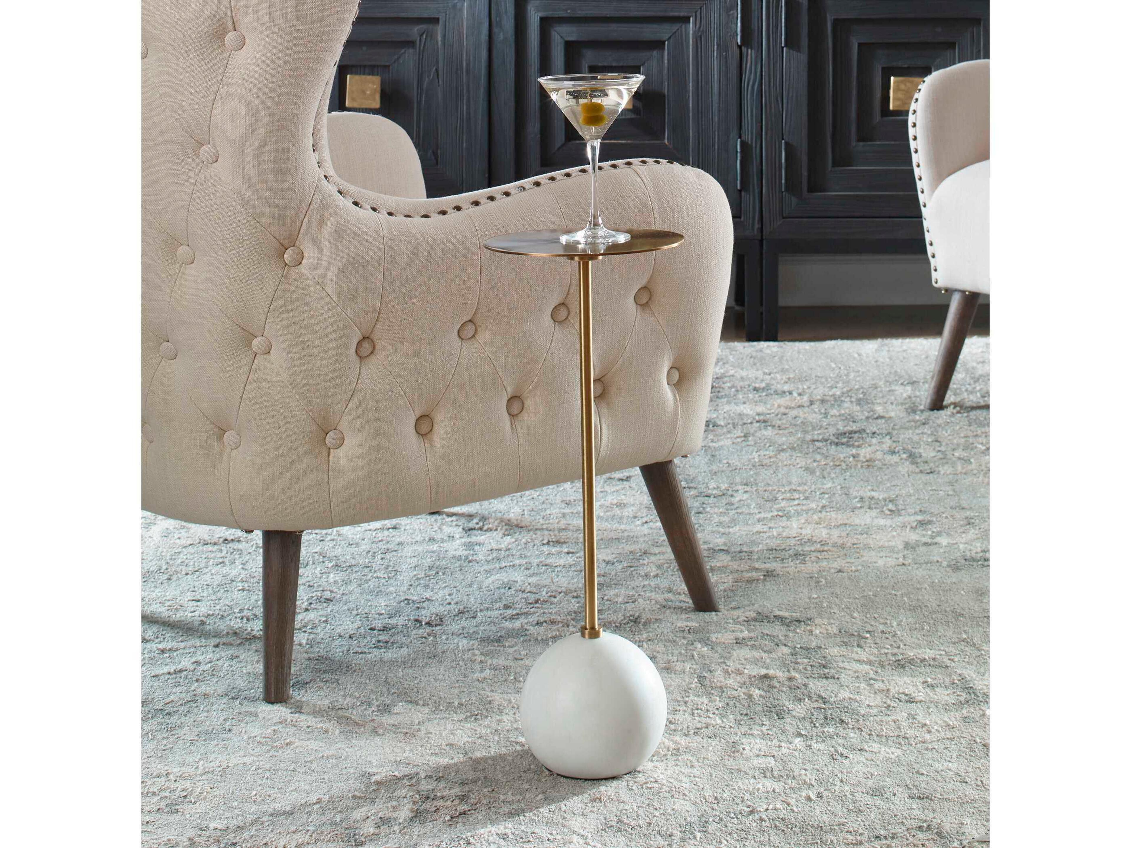 Uttermost Gimlet 8" Round Metal Brass White Marble End Table