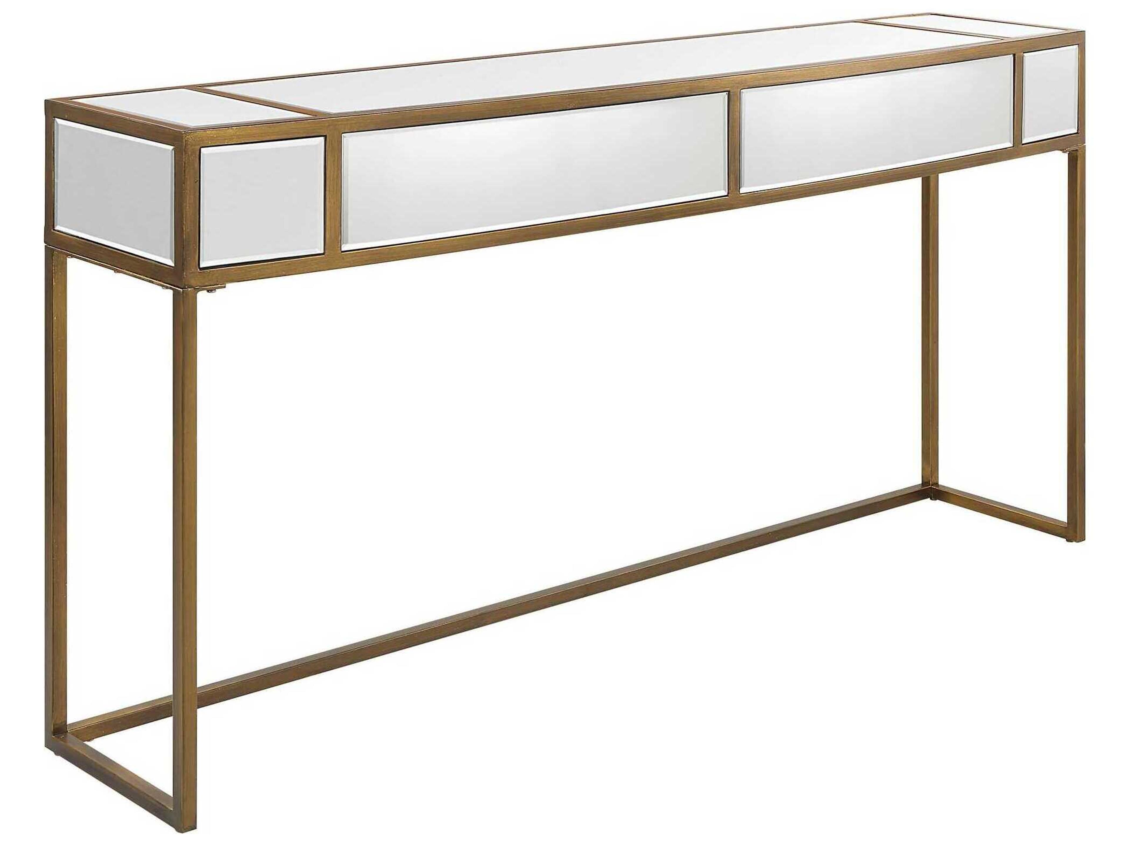 Uttermost Reflected Mirrored Rectangular Glass Aged Gold Console Table